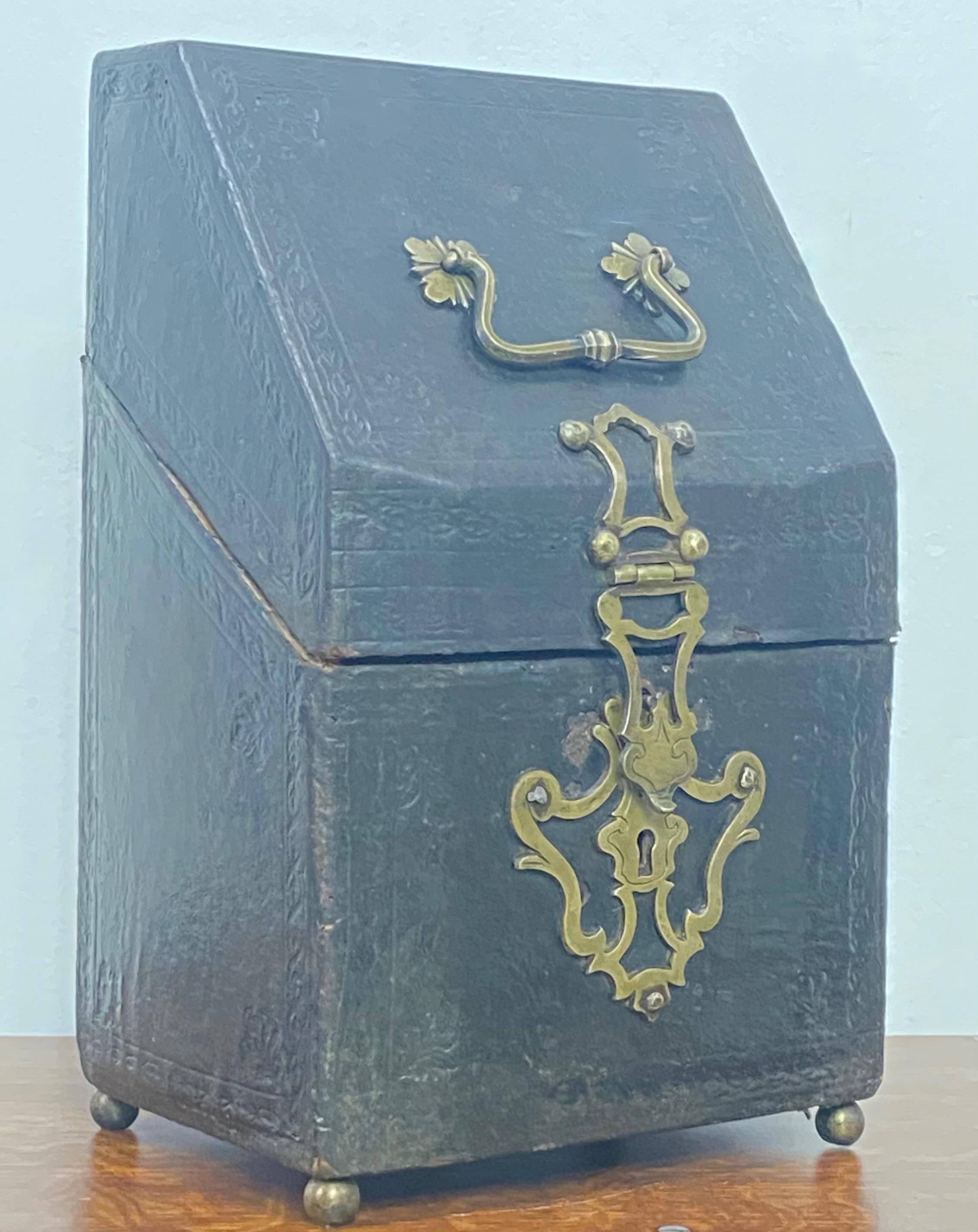 Brass 17th Century English Leather Covered Knife Box Converted To a Letter Box