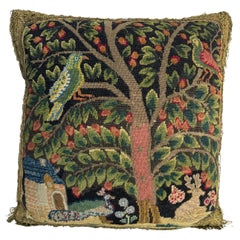 17th Century English Needlepoint Orchard Scene Pillow With Birds Wool and Silk E