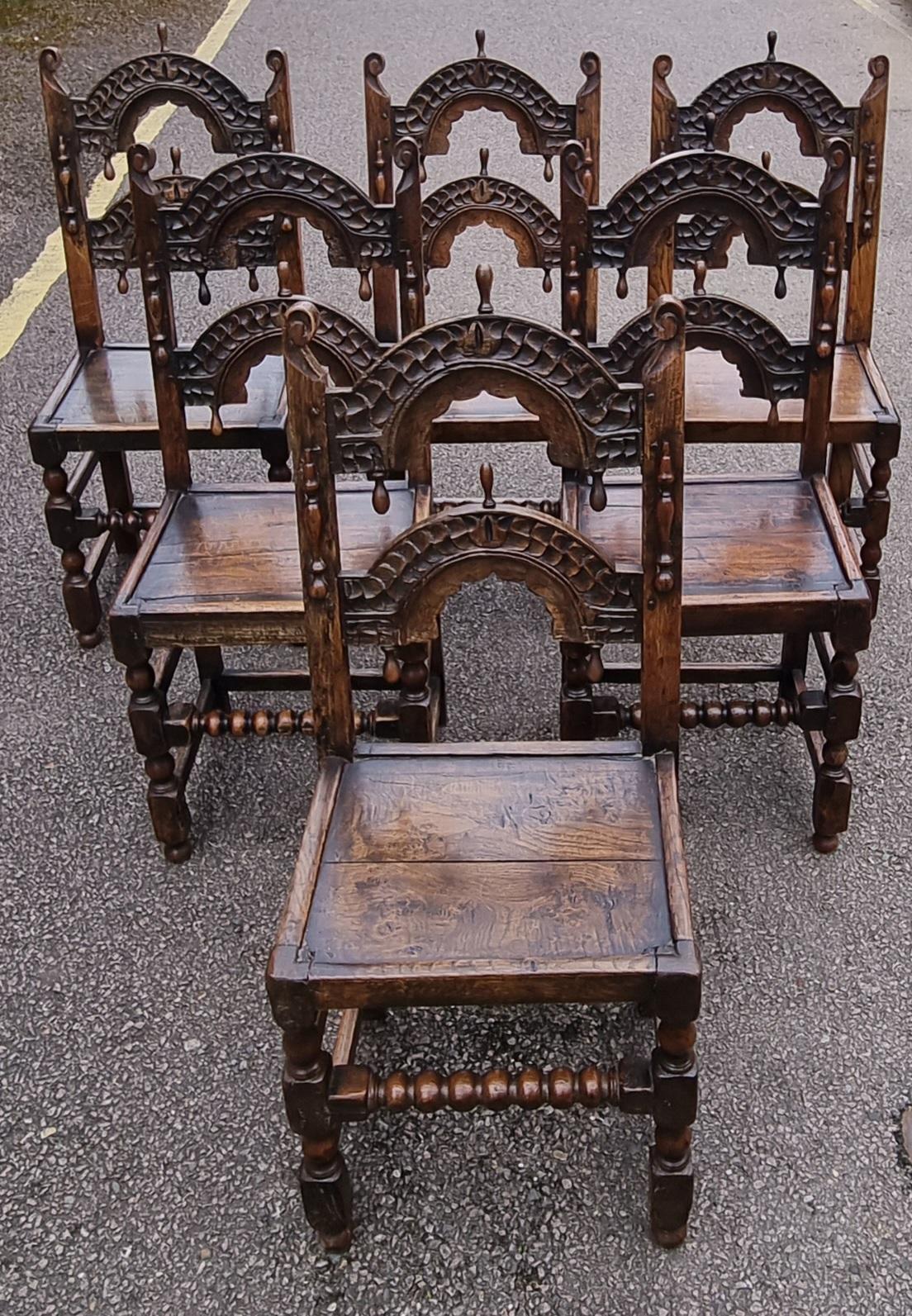 A rare true set of original 17th-century dining chairs/back stools, circa 1670 . These chairs showcase a fabulous colour and patina and unique design adding to their character and charm.

The chairs are in good usable antique condition , having