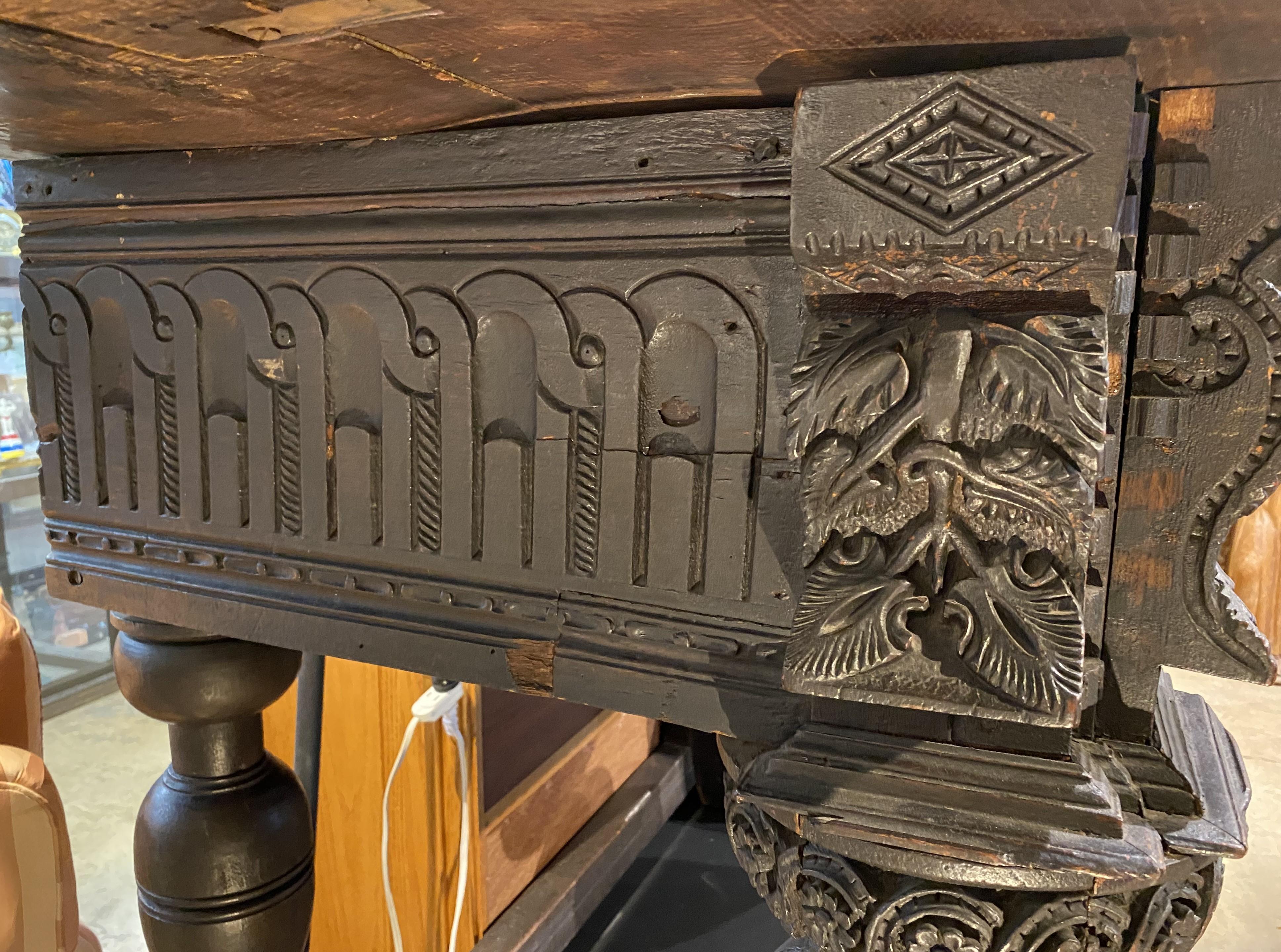 17th Century English Oak Heavily Carved Sideboard or Serving Table 6