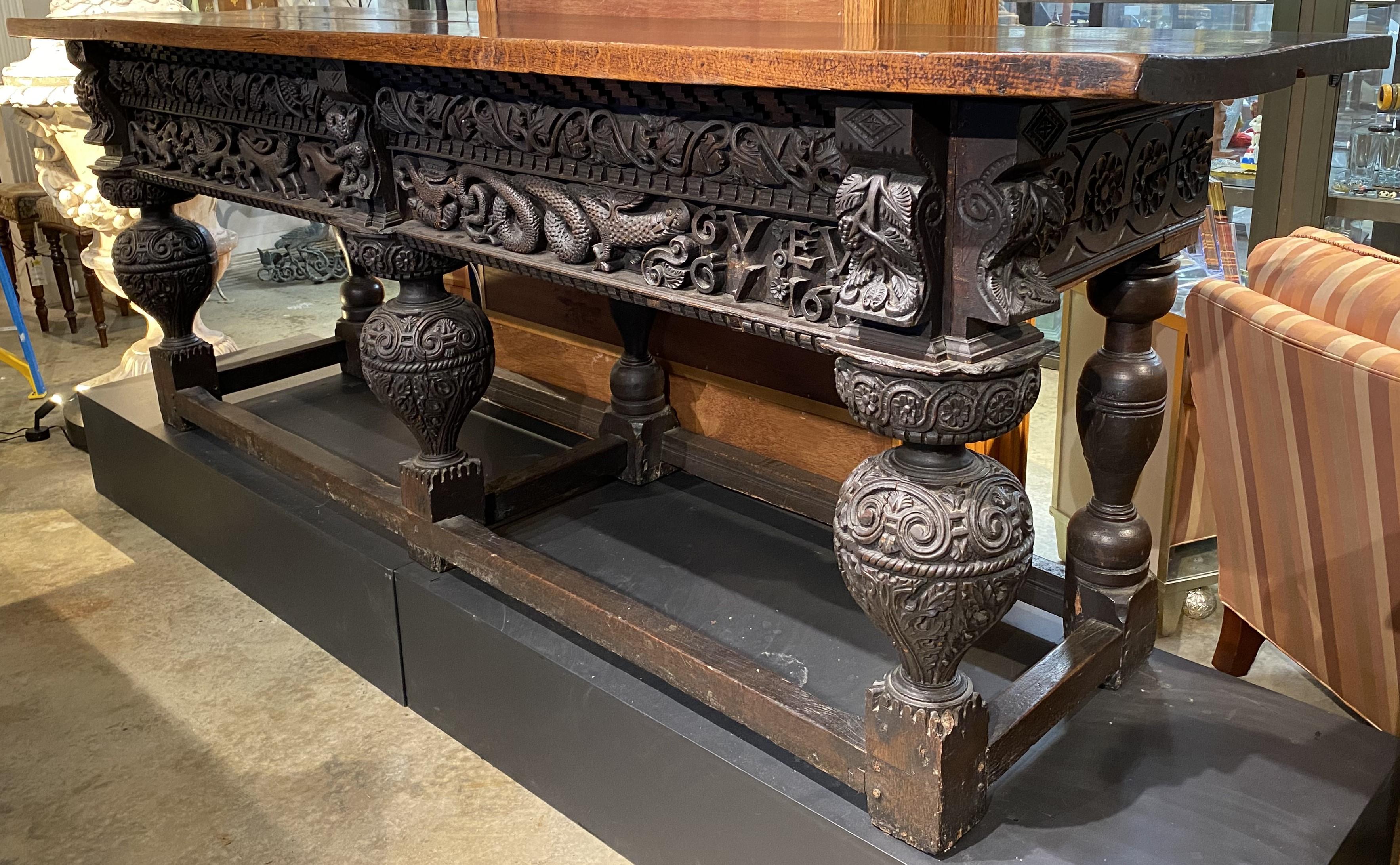 Baroque 17th Century English Oak Heavily Carved Sideboard or Serving Table