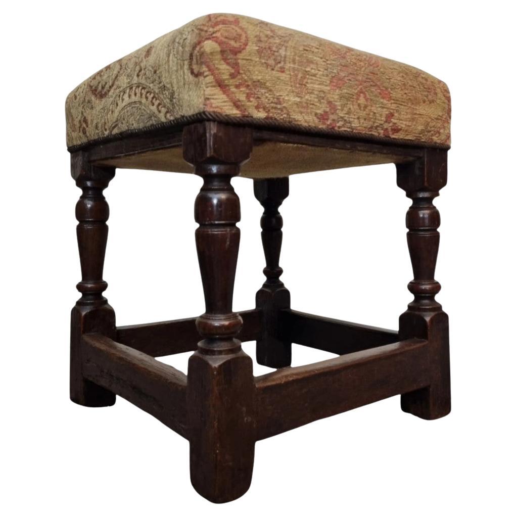 17th Century English Oak Upholstered Stool Circa 1680