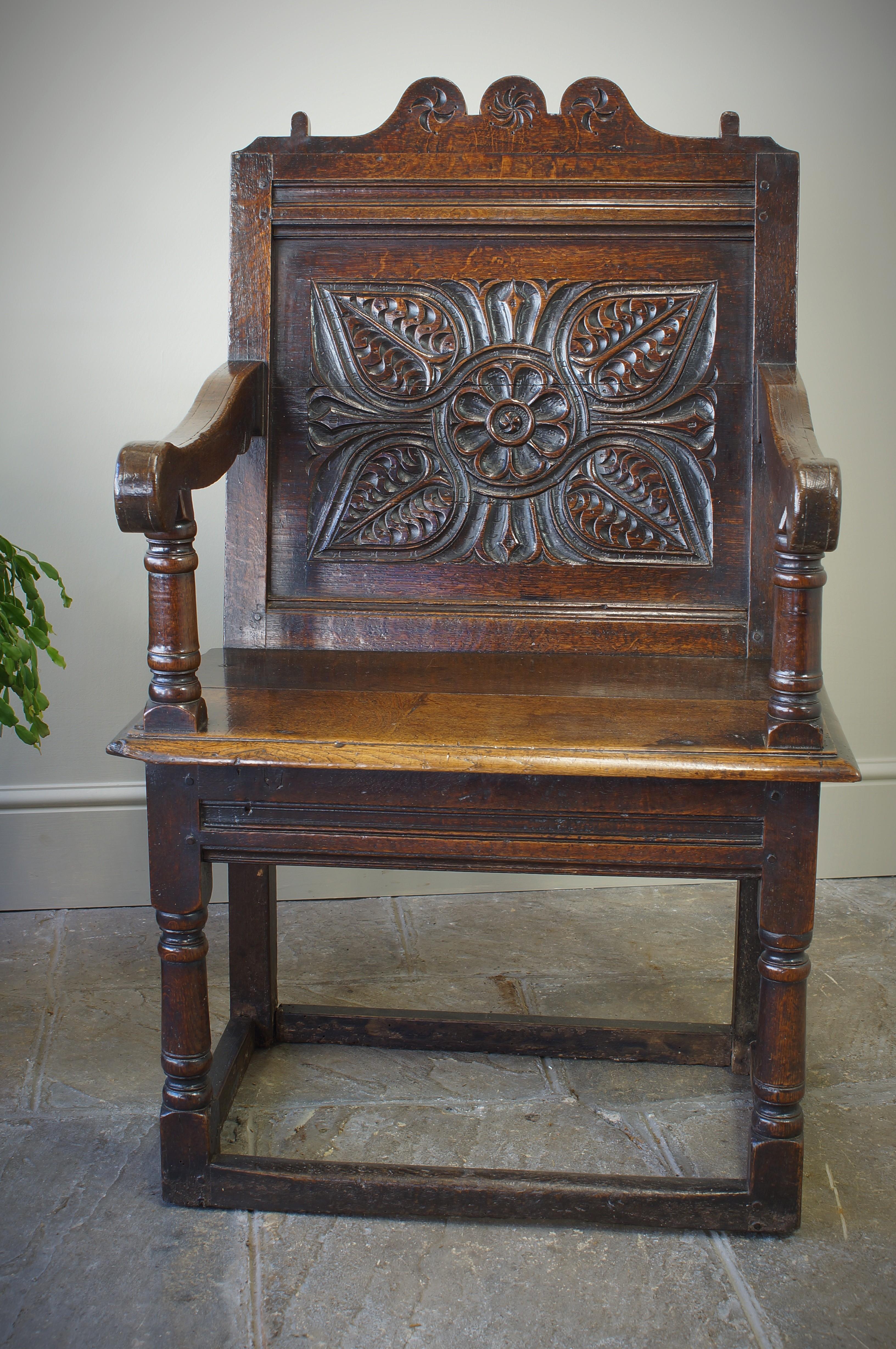 Jacobean 17th Century  English Oak Wainscot Armchair. For Sale