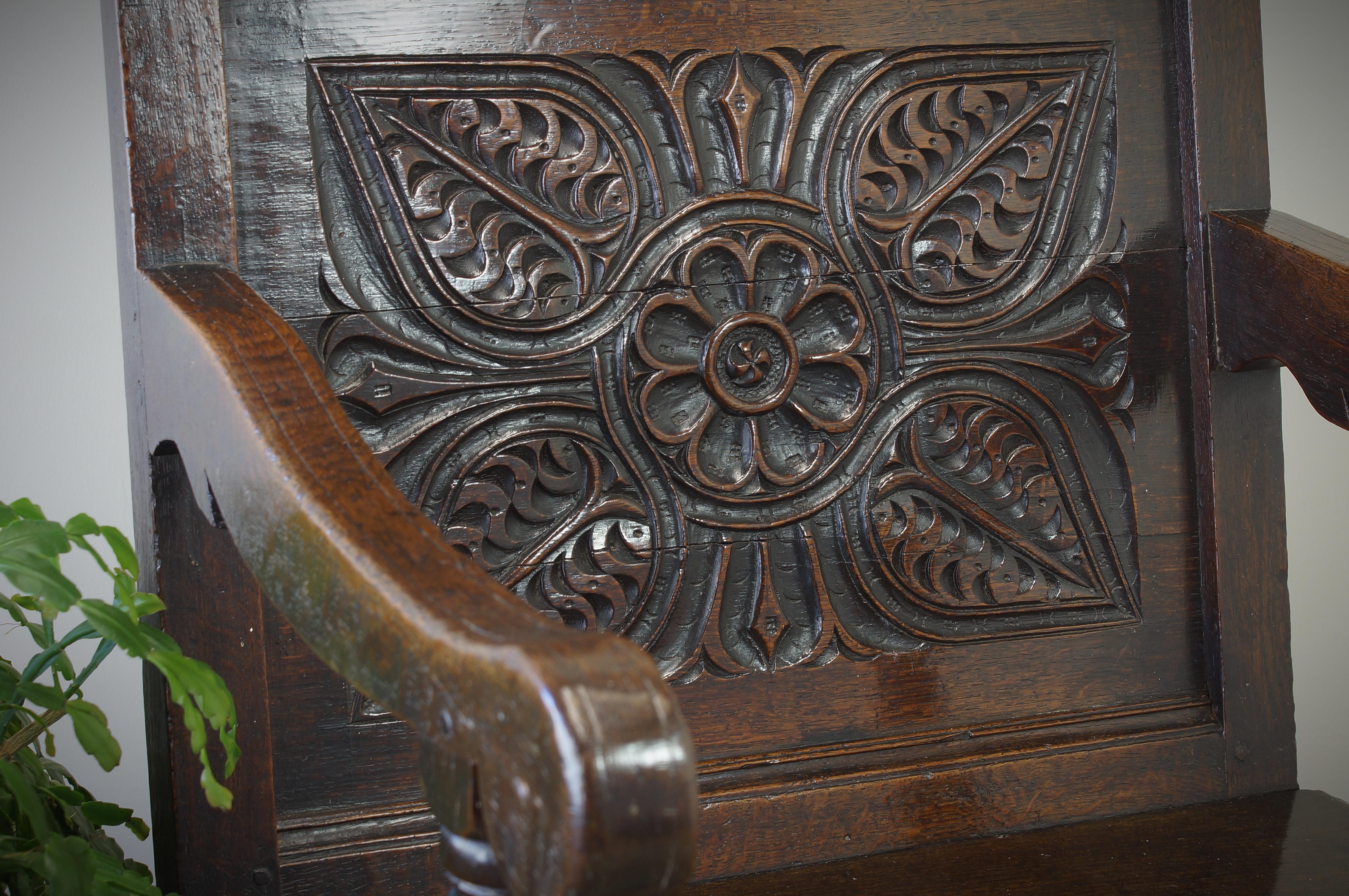 Carved 17th Century  English Oak Wainscot Armchair. For Sale