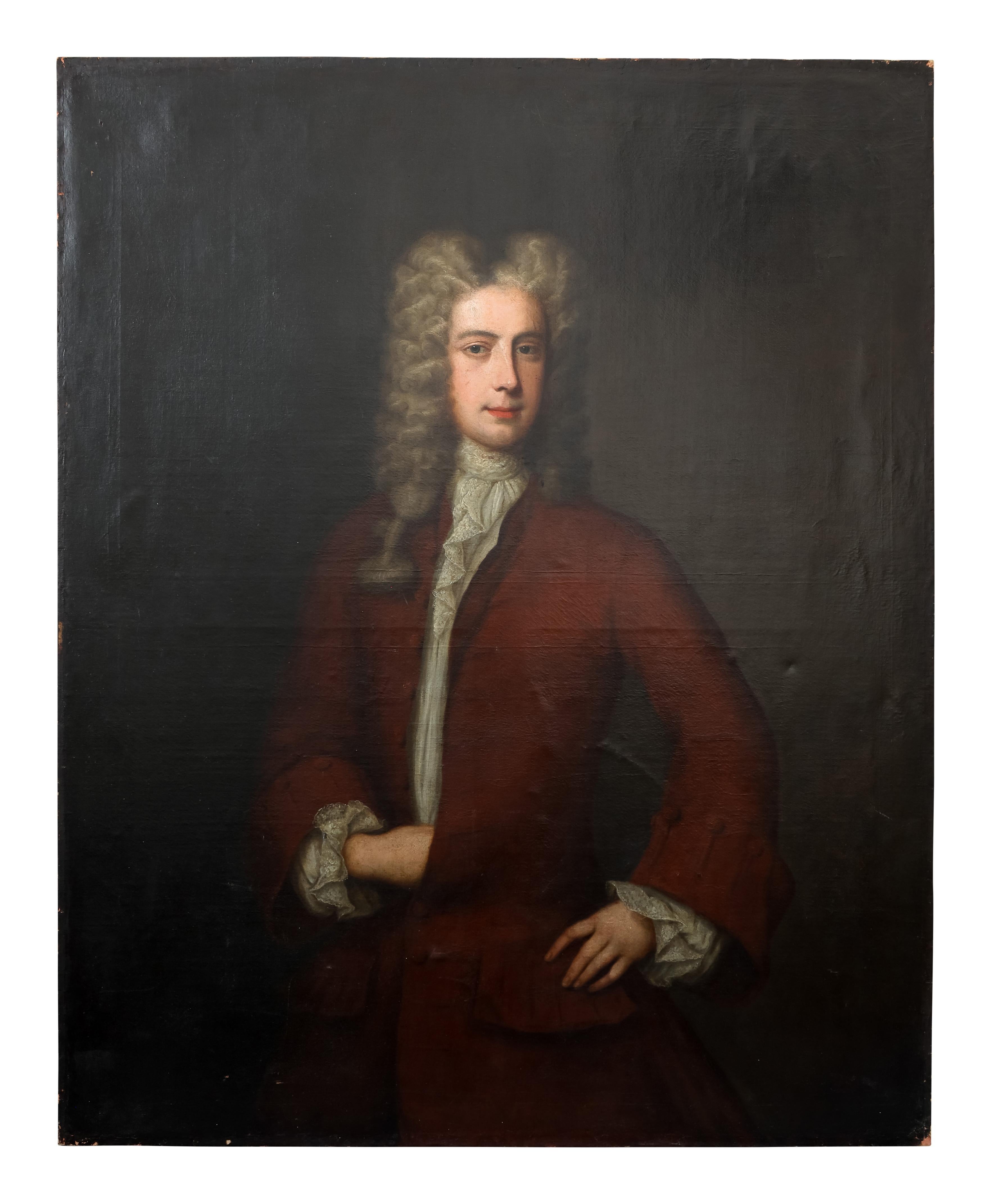 This painting shows a portrait of a gentleman wearing a red jacket. His face and his hands are very well detailed. It wears age and use. 
The painting is in France and will be shipped for free. 