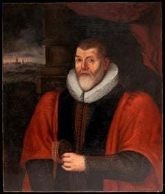 Fine 17th Century Portrait Tudor Merchant Gentleman Red Robes with Ruff Collar