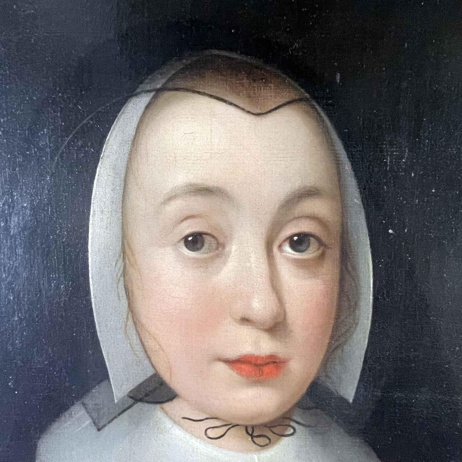 Tela Ritratto di scuola inglese del XVII secolo di una giovane donna come la vedova Jane Bromley in vendita