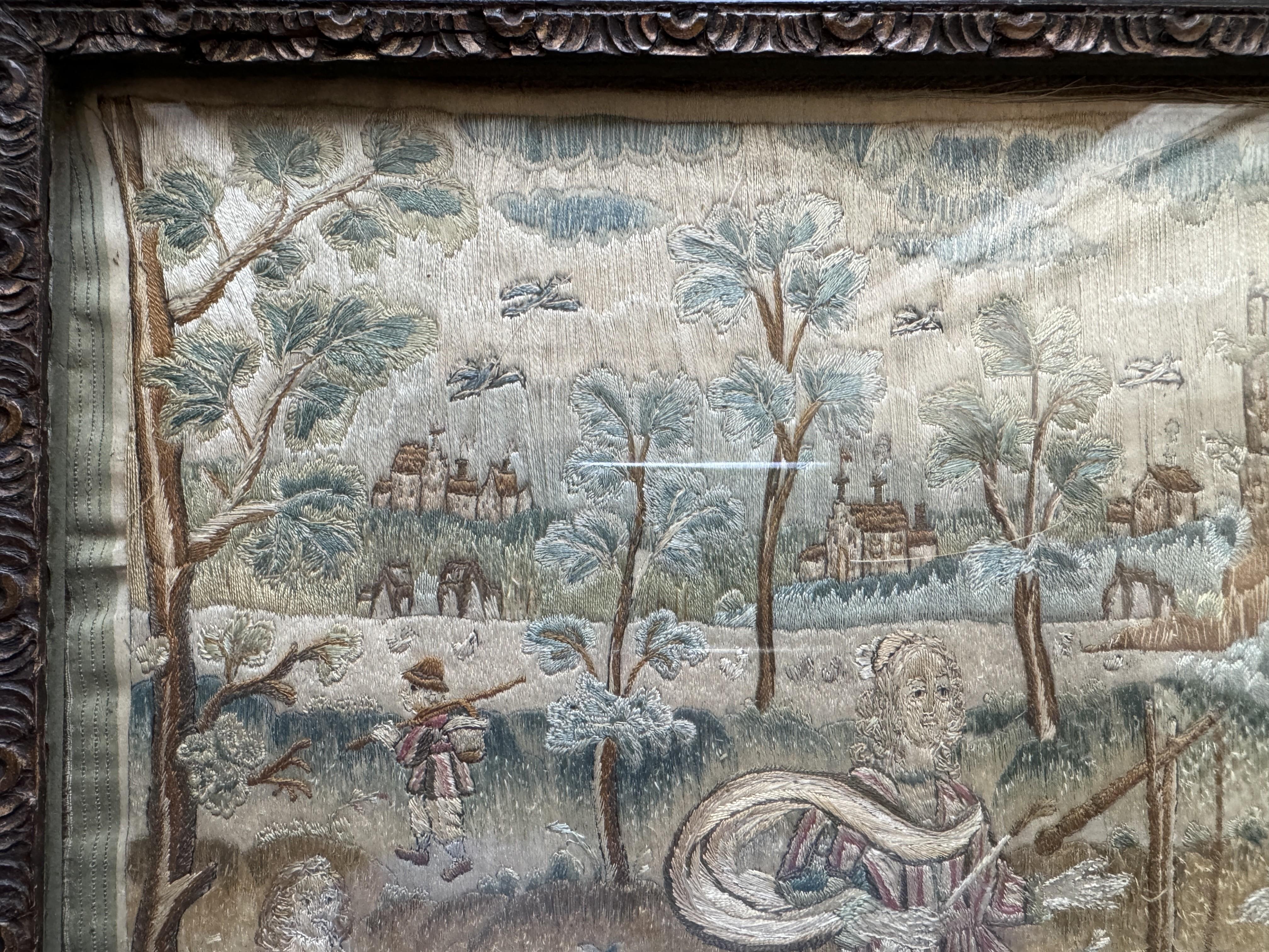 Restauration 17th Century English Silk Embroidery – 'Couple by Well'