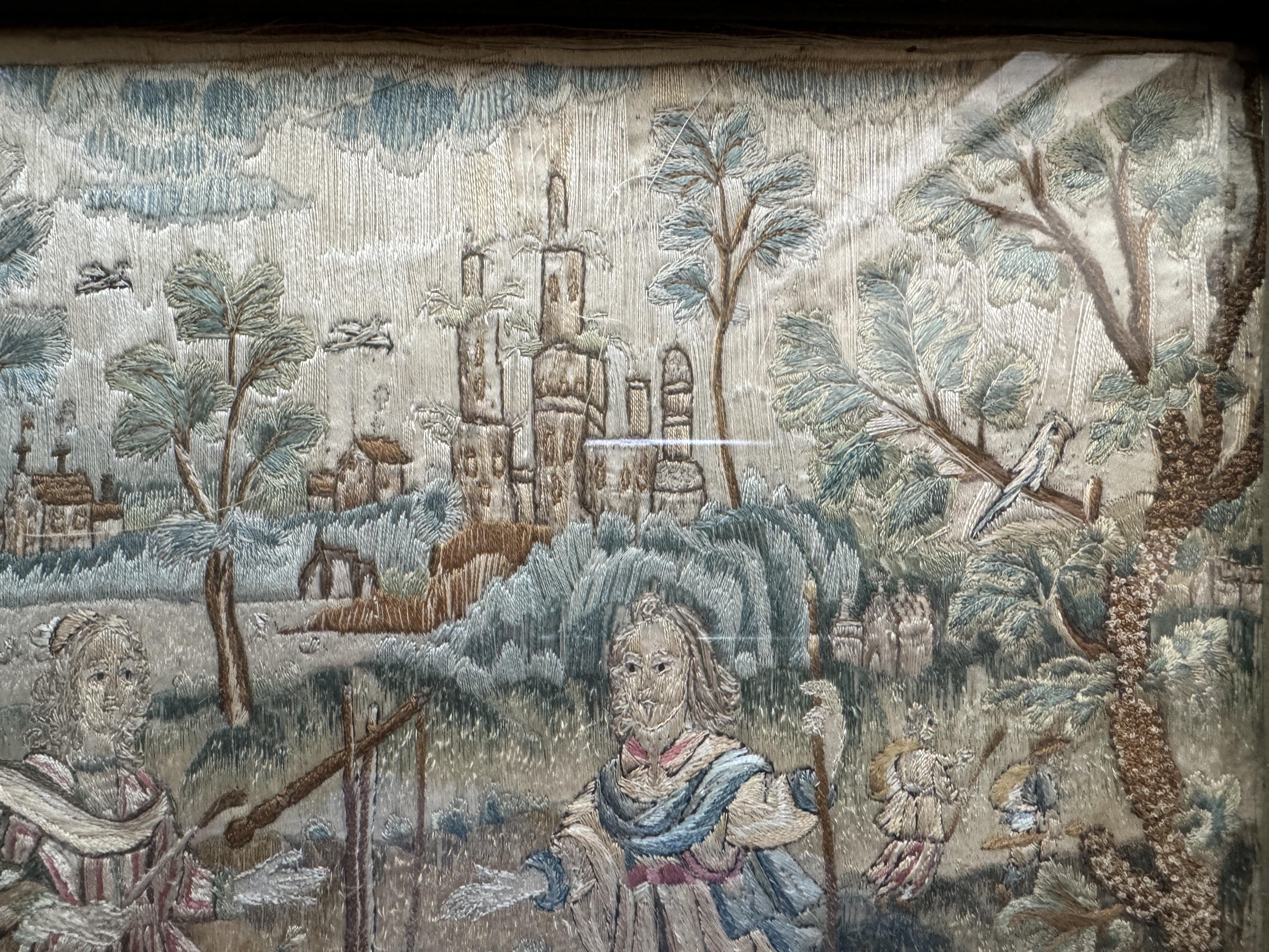 Hand-Crafted 17th Century English Silk Embroidery – 'Couple by Well'