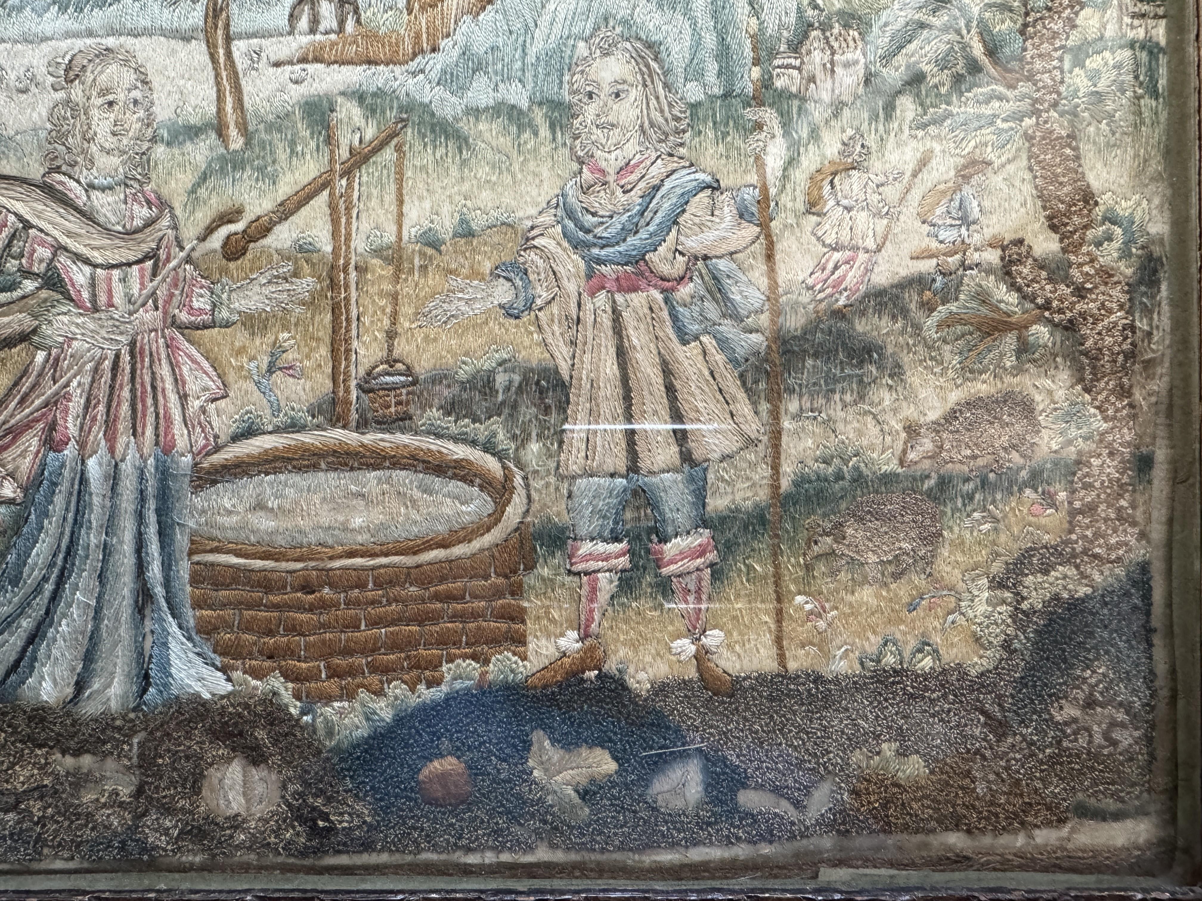 17th Century English Silk Embroidery – 'Couple by Well' In Good Condition In Maidstone, GB