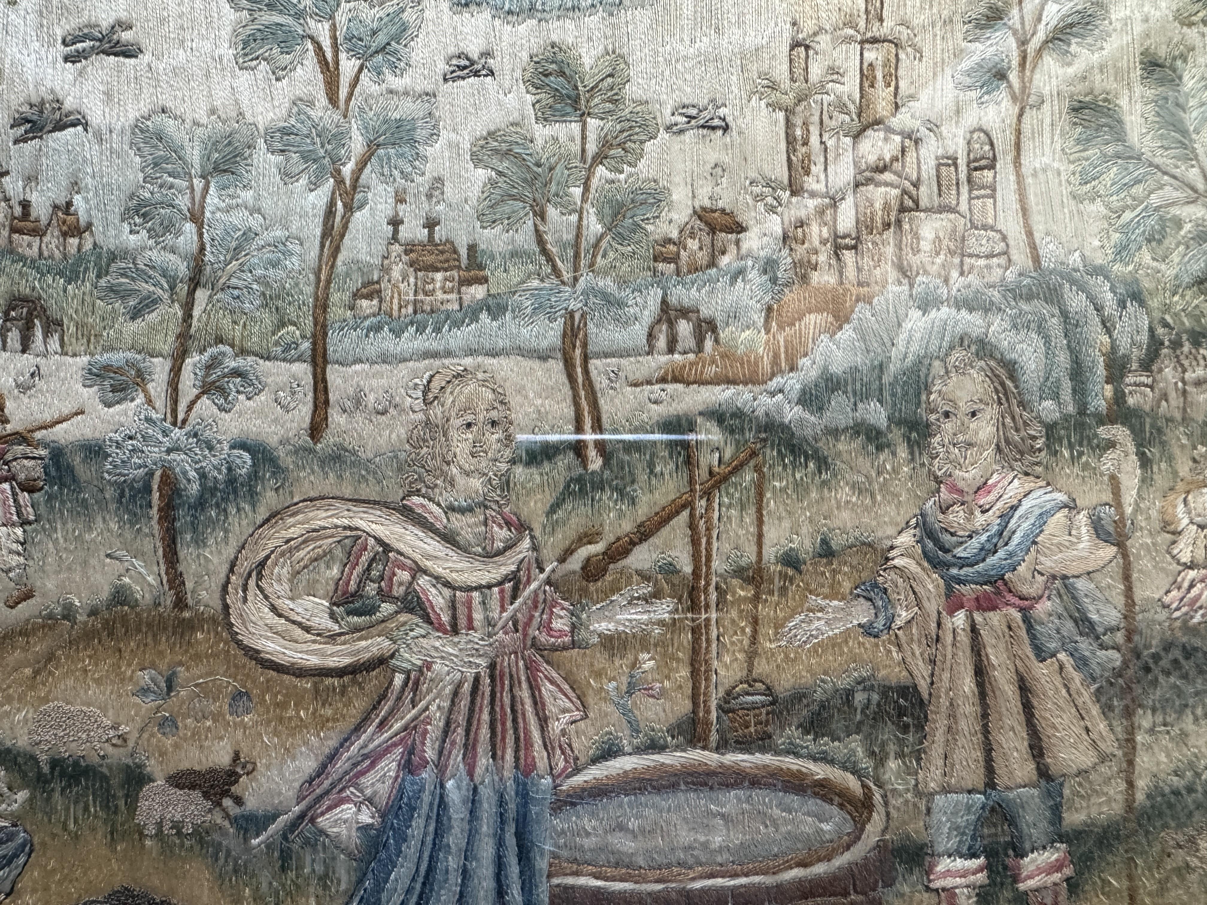 17th Century English Silk Embroidery – 'Couple by Well' 2