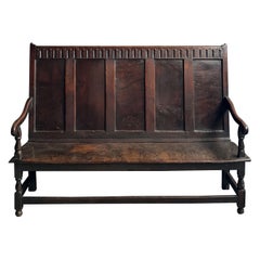 17th Century English Solid Oak Hall Bench with Paneled Back