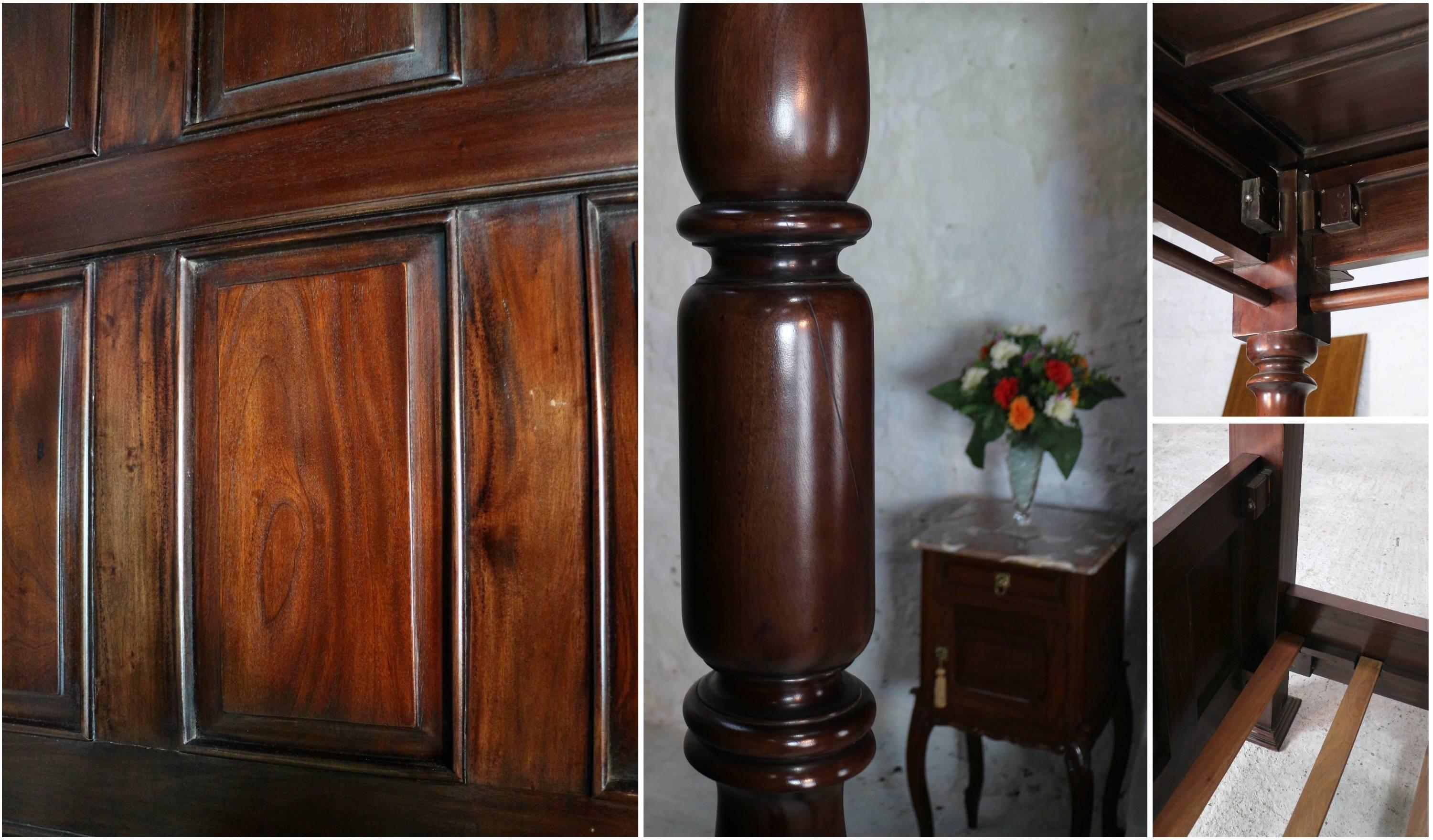 Hardwood 17th Century English Style Panelled Mahogany Four-Poster Tester Bed