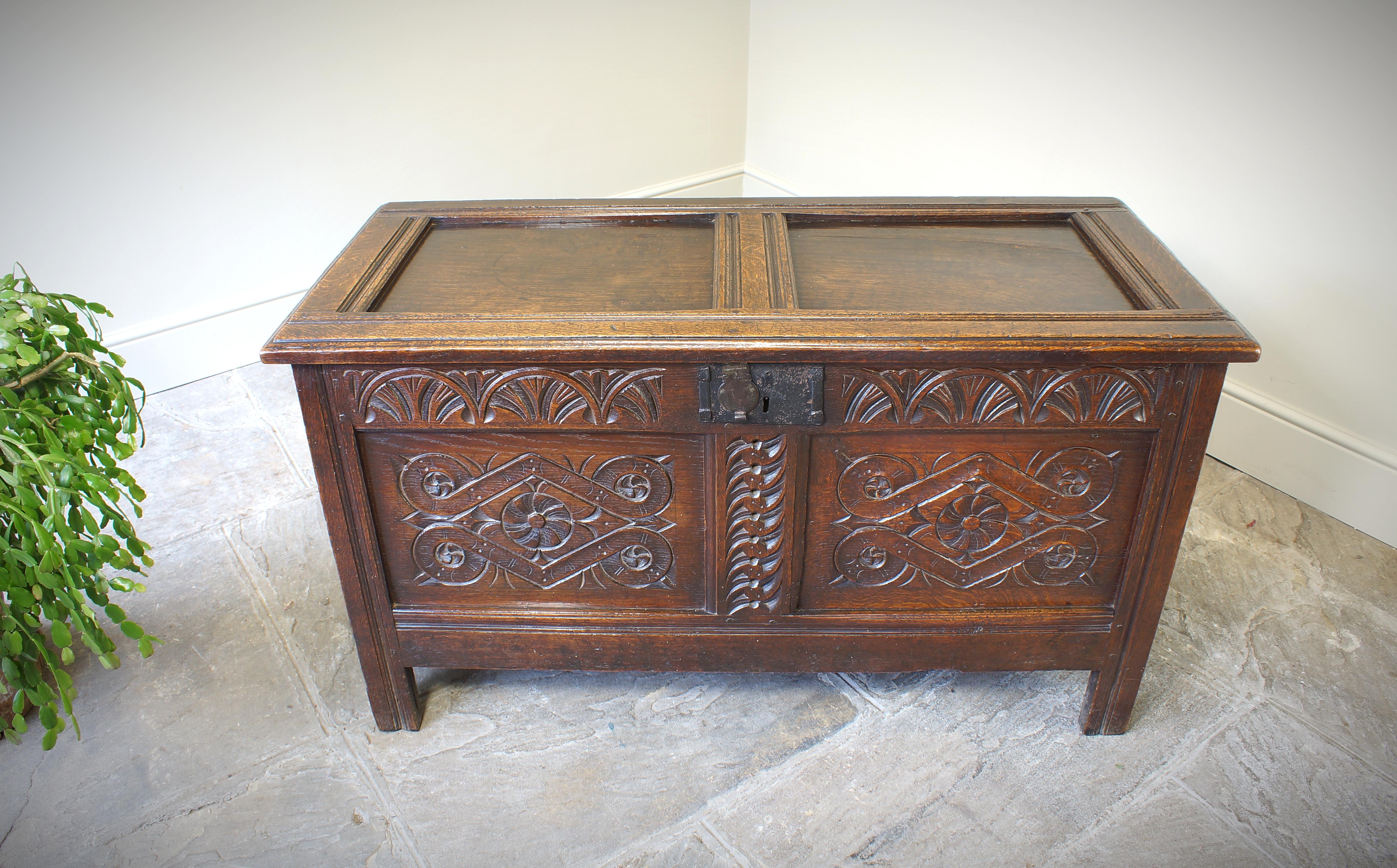17th Century English Two Panelled Oak Coffer For Sale 4