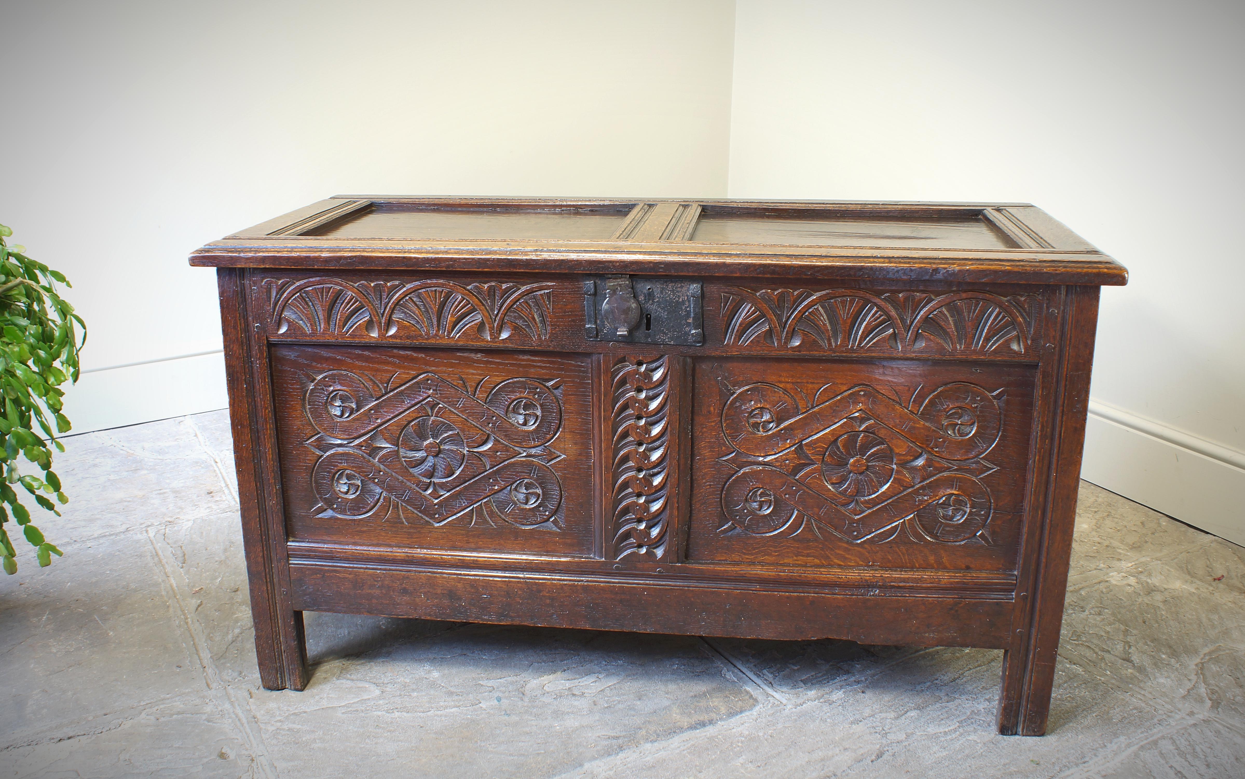 17th Century English Two Panelled Oak Coffer For Sale 7