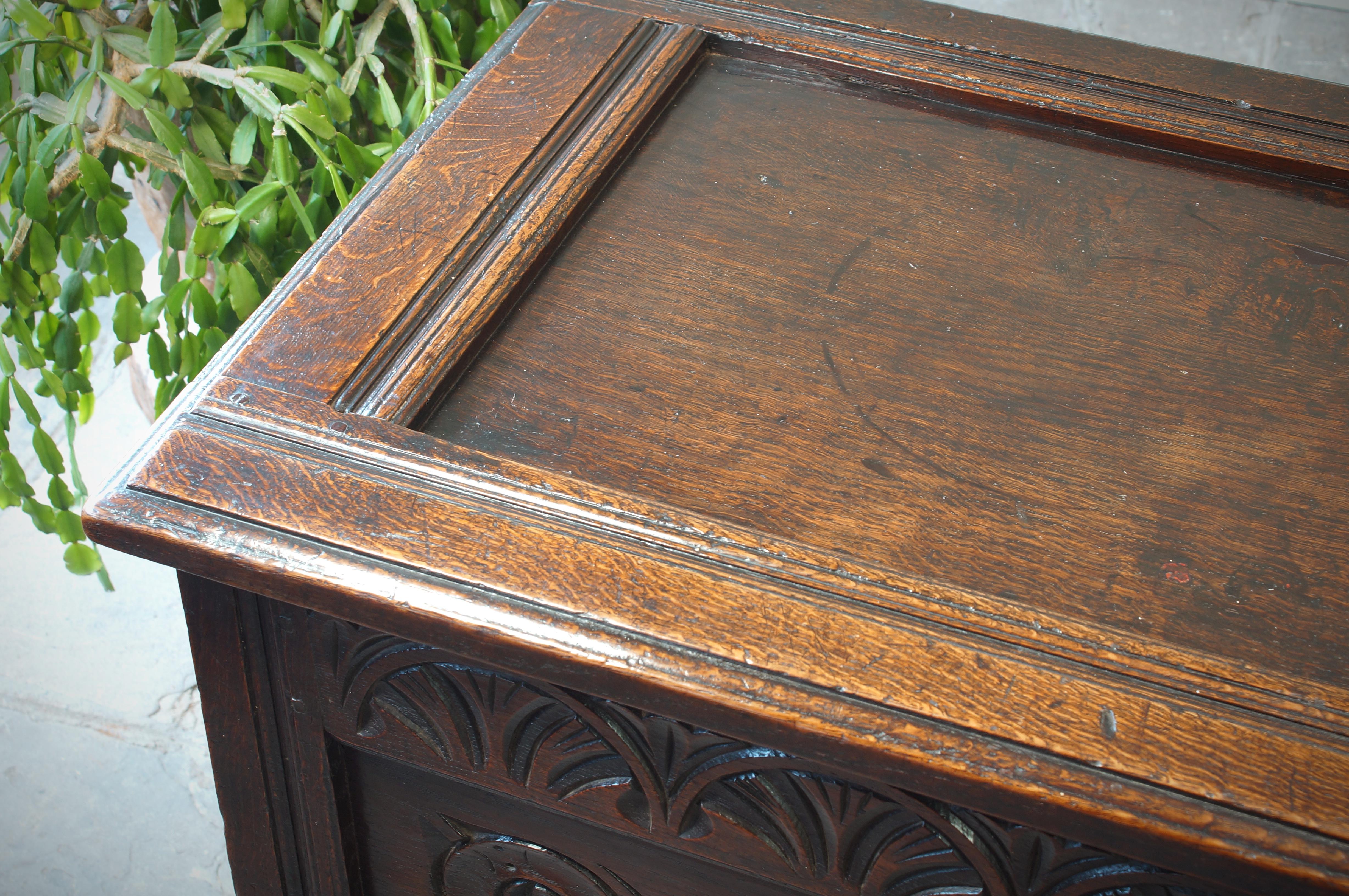 Jacobean 17th Century English Two Panelled Oak Coffer For Sale