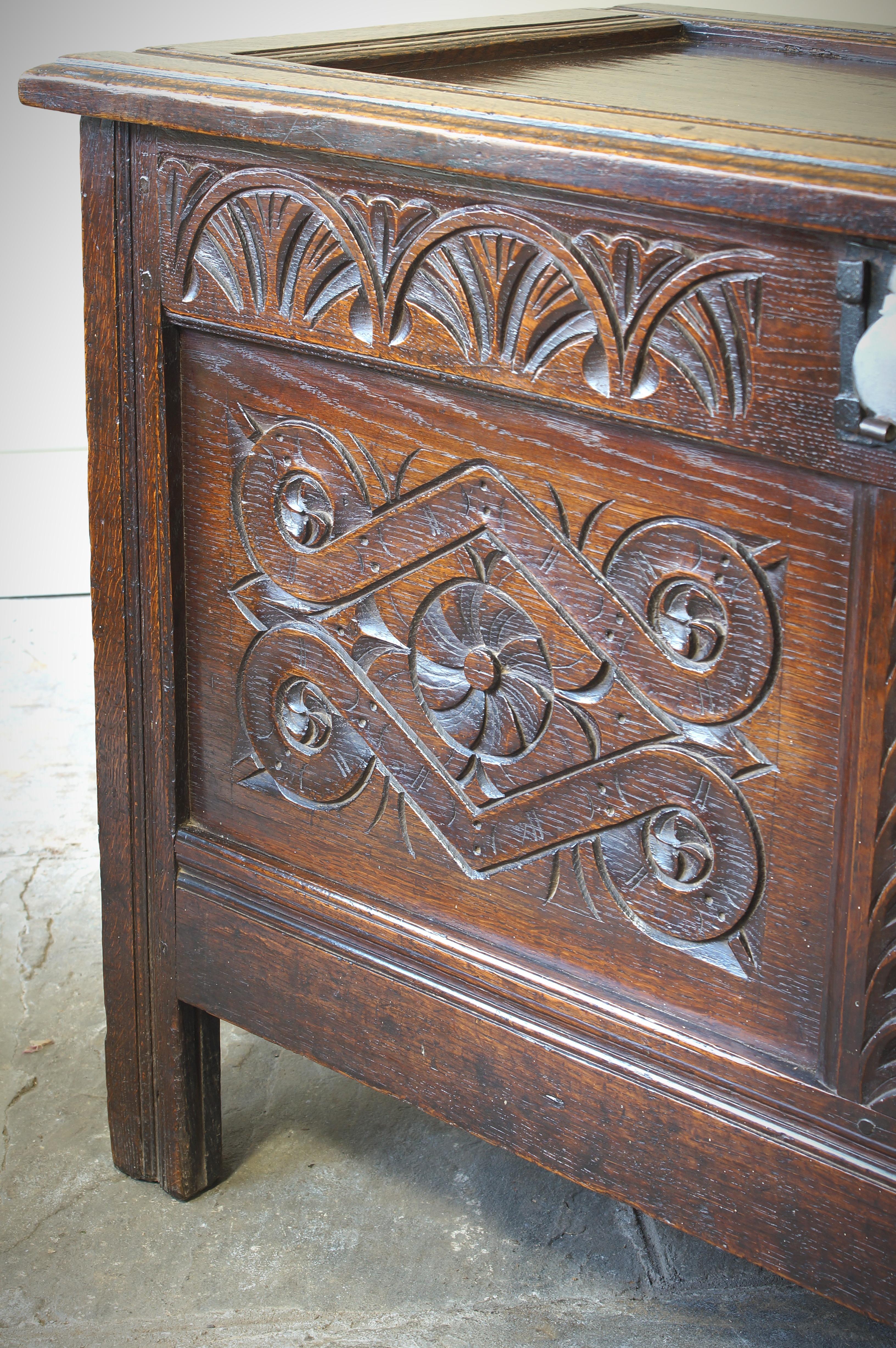 17th Century English Two Panelled Oak Coffer For Sale 1