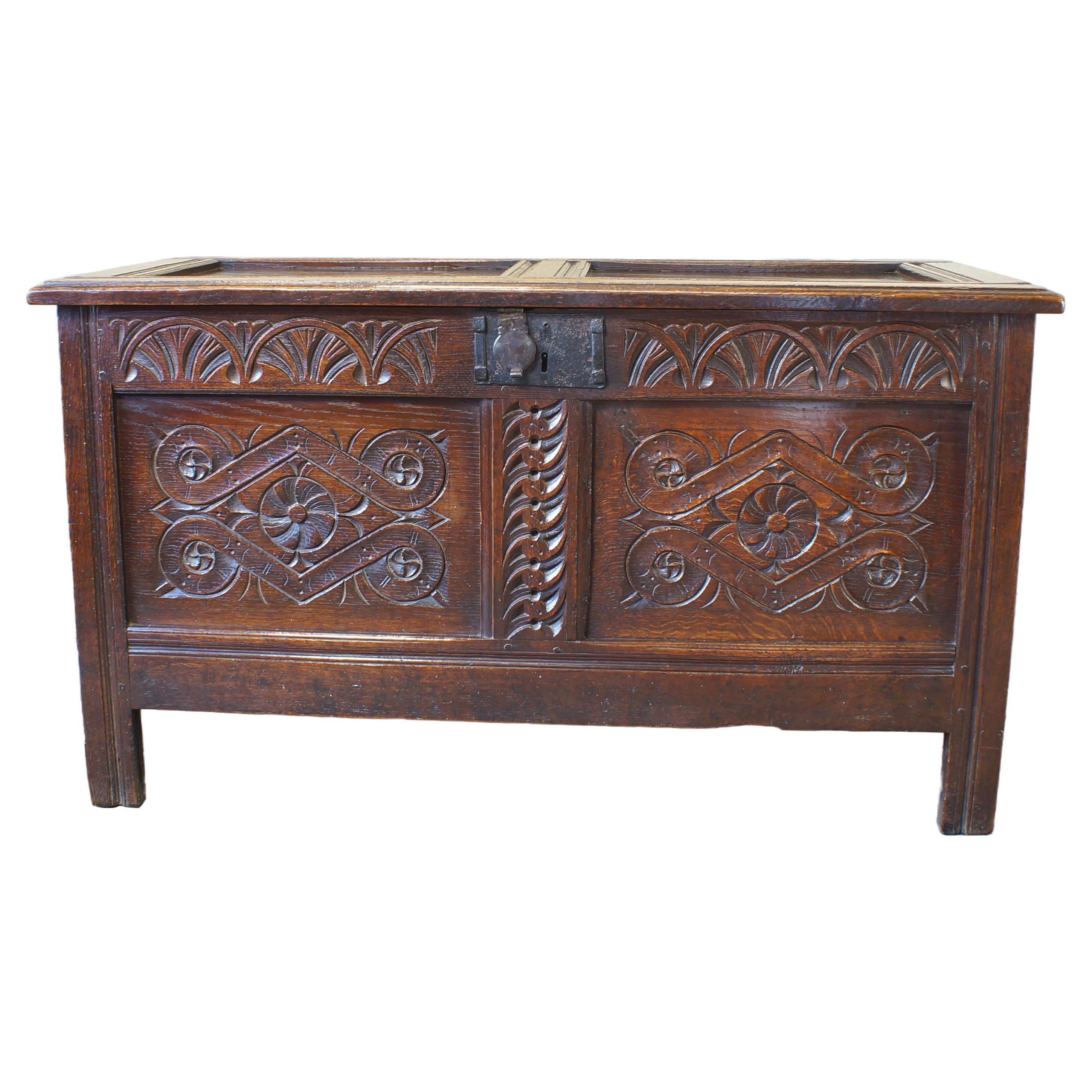 17th Century English Two Panelled Oak Coffer For Sale