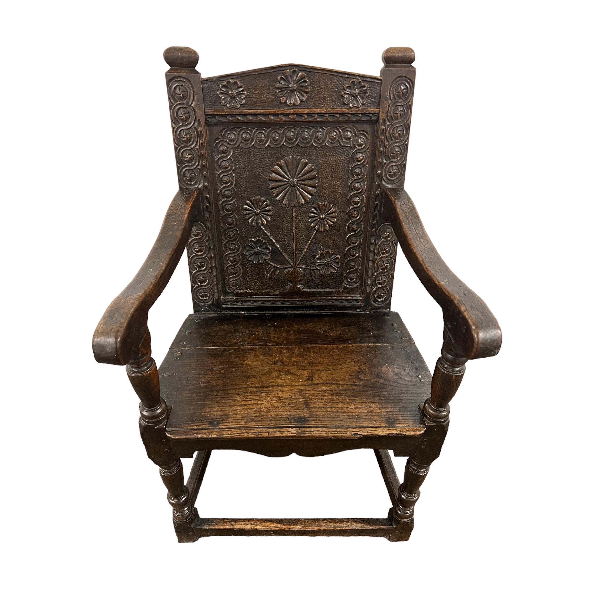 Hand-Carved 17th Century English Wainscot Armchair For Sale