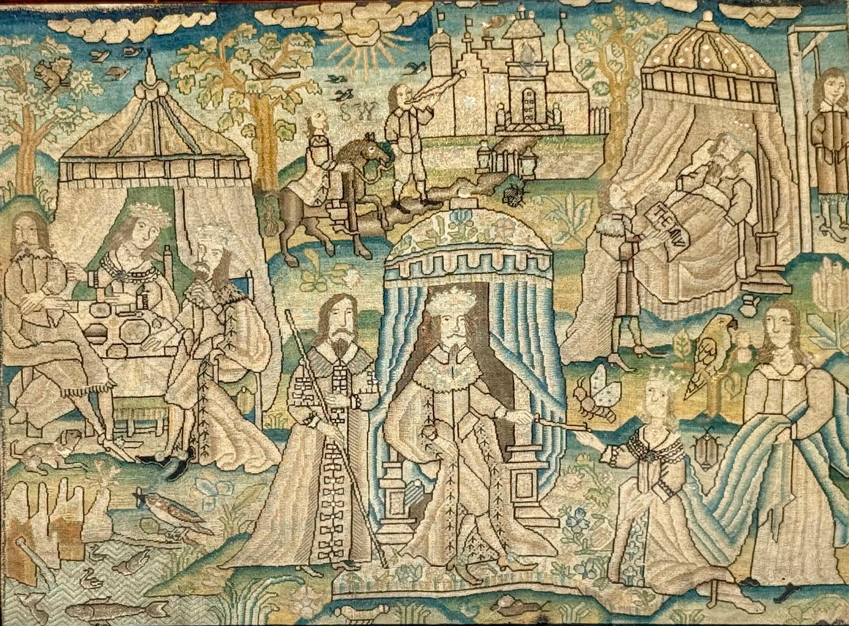 Fantastic and rare Charles II mid-17th century stumpwork wool and silk picture.  Illustrating stories from The Book of Esther, including the King lying in bed reading the book 
