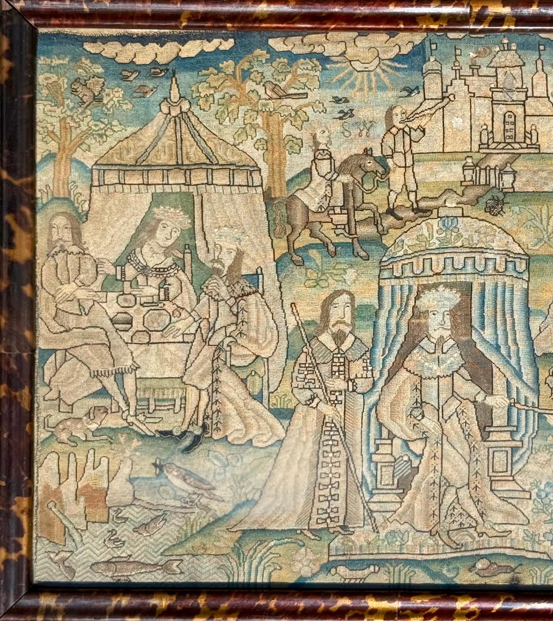 Charles II 17th Century English Wool and Silk Canvas Stumpwork Picture For Sale