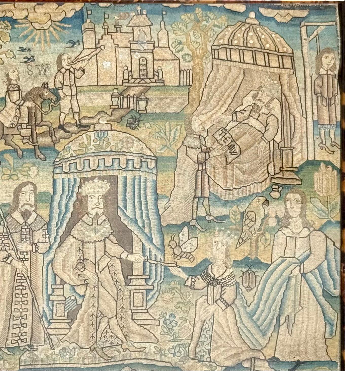 17th Century English Wool and Silk Canvas Stumpwork Picture In Good Condition For Sale In Wiscasset, ME