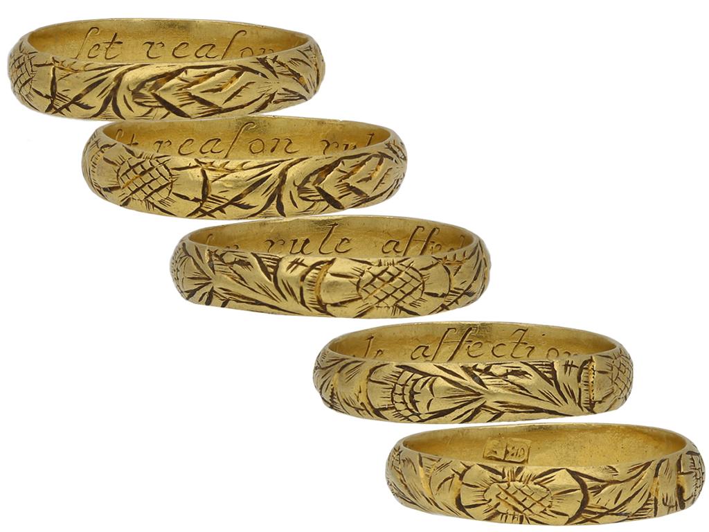 17th Century engraved gold posy ring, 'Let reason rule affection'. A yellow gold D-shape band, the exterior engraved around the full circumference with a scrolling stylised floral and foliate design, the interior engraved in italic script 'Let