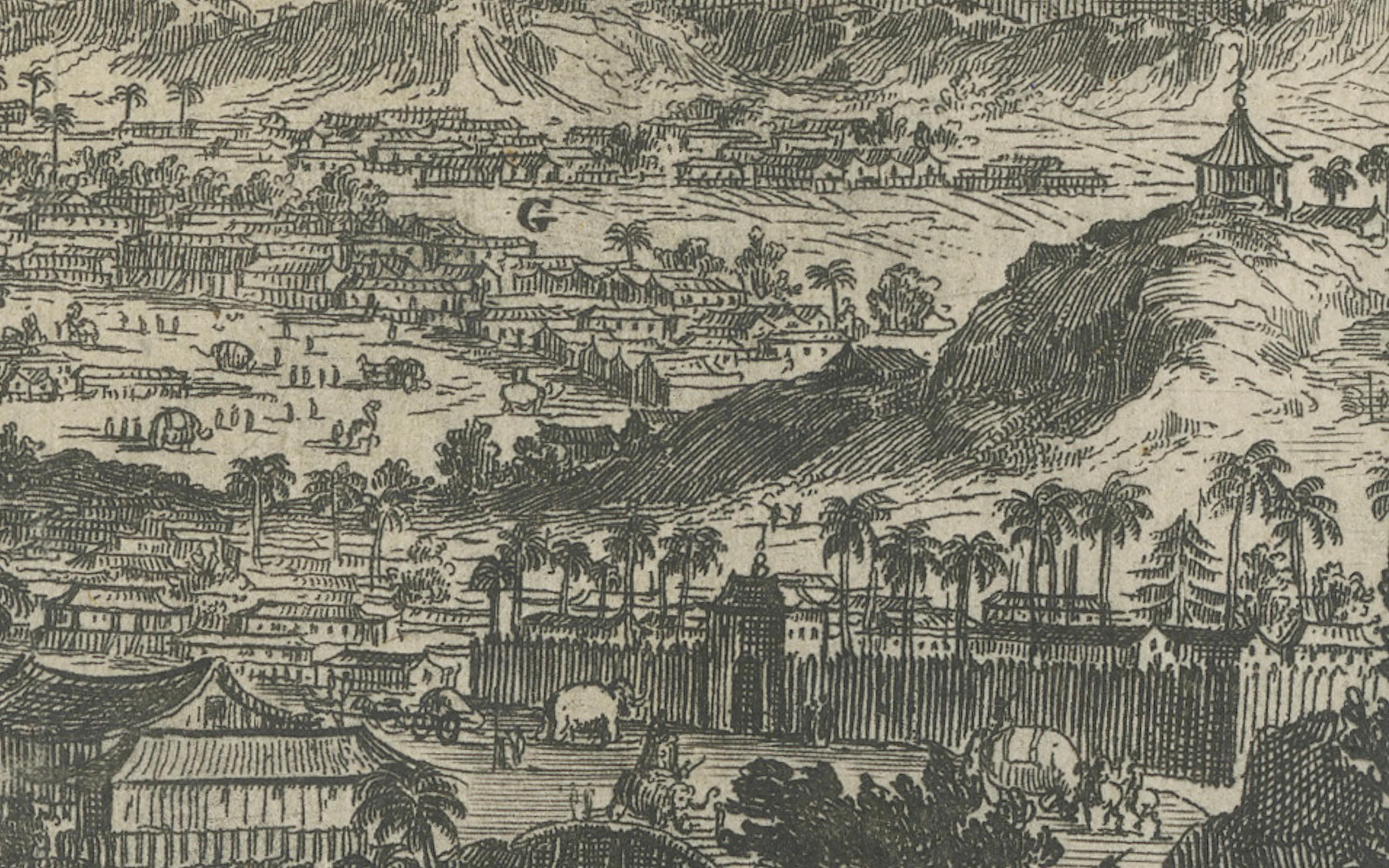 Grabado del siglo XVII de la ciudad real de Arakan (Birmania) por Arnoldus Montanus en Bastante bueno estado para la venta en Langweer, NL