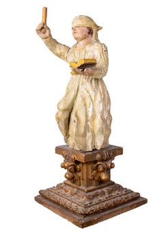 17th Century European Justitia Wooden Sculpture Standing on Gold Gilded Pedestal