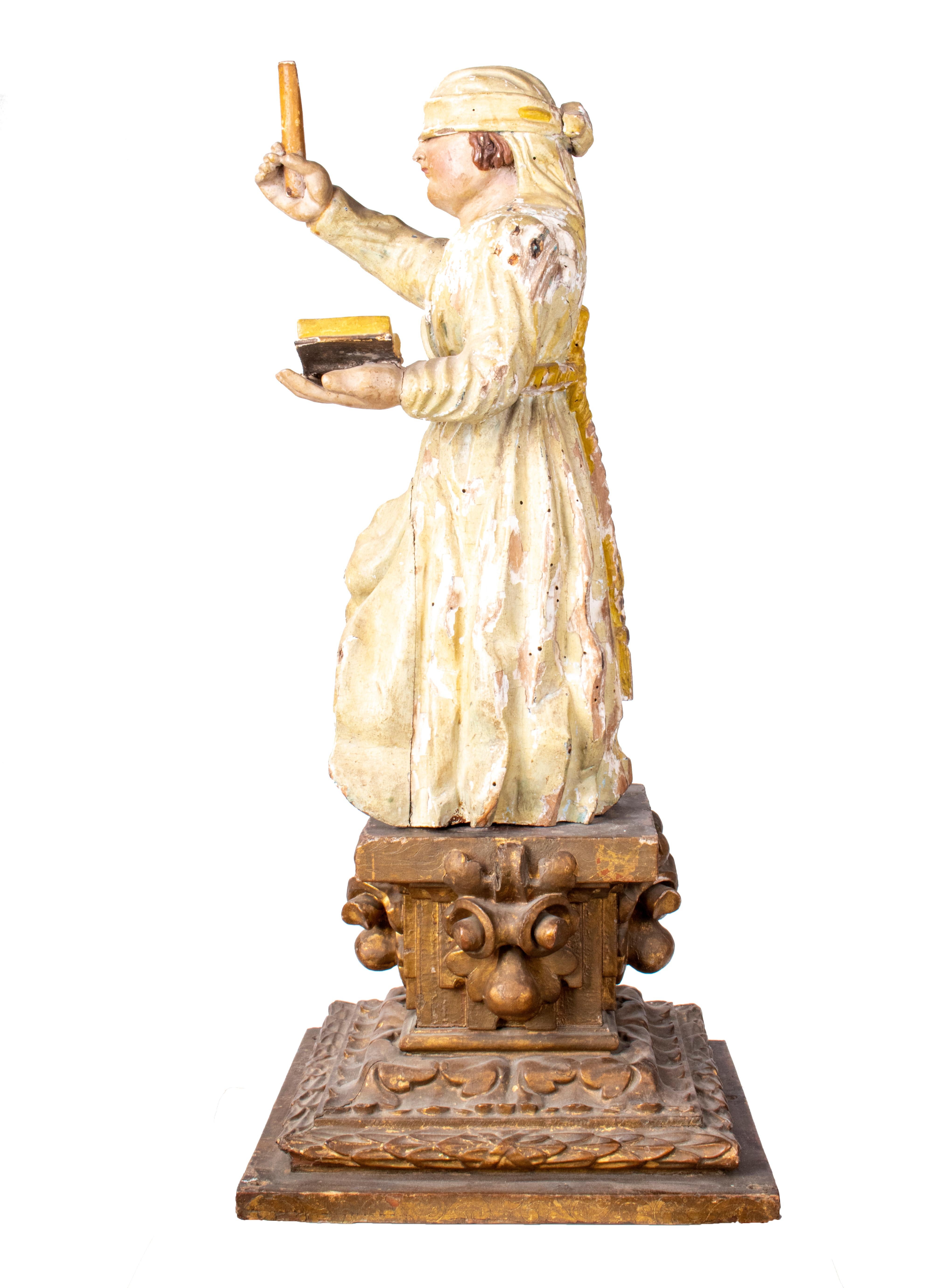Hand-Carved 17th Century European Justitia Wooden Sculpture Standing on Gold Gilded Pedestal For Sale