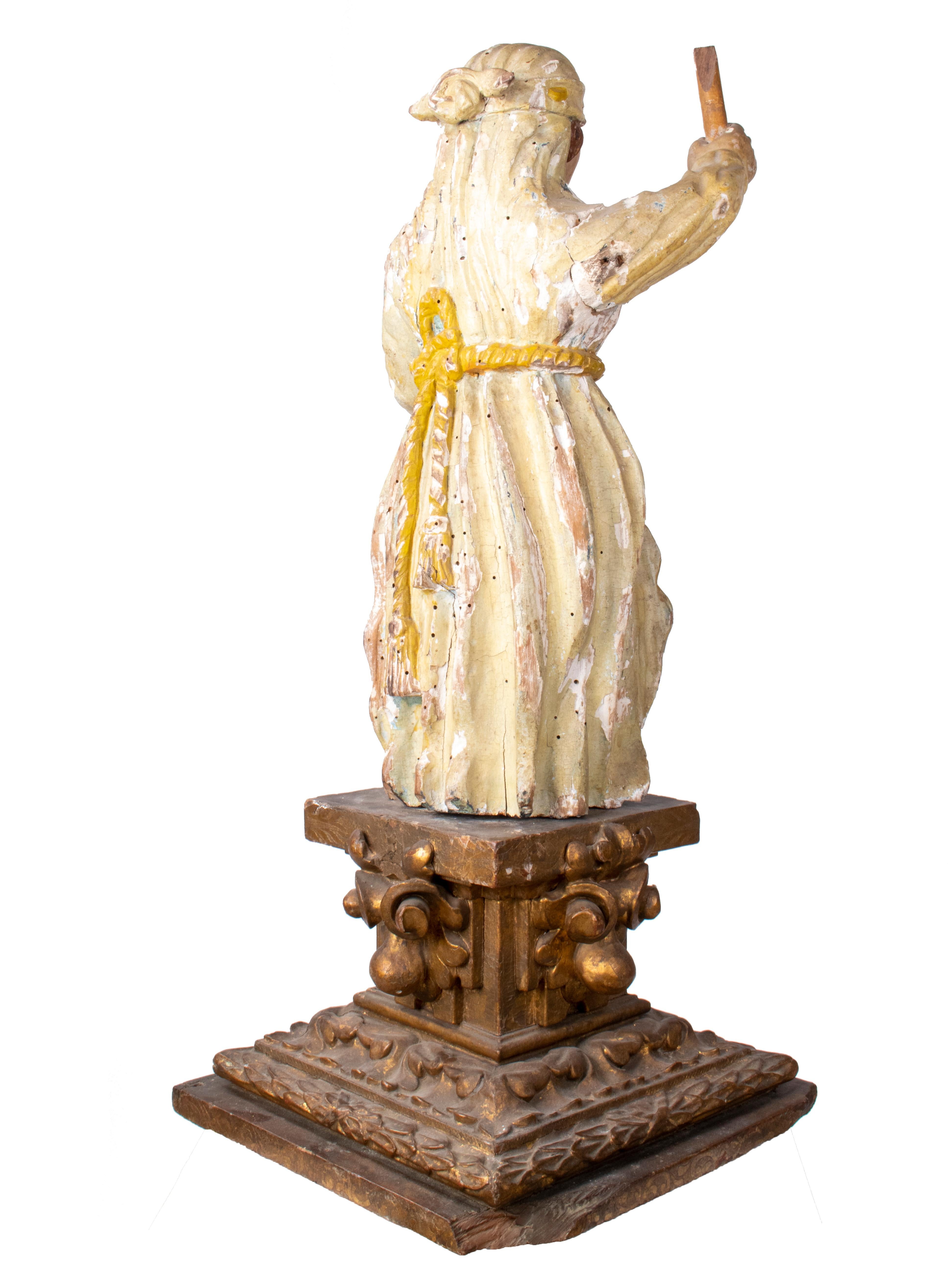 18th Century and Earlier 17th Century European Justitia Wooden Sculpture Standing on Gold Gilded Pedestal For Sale