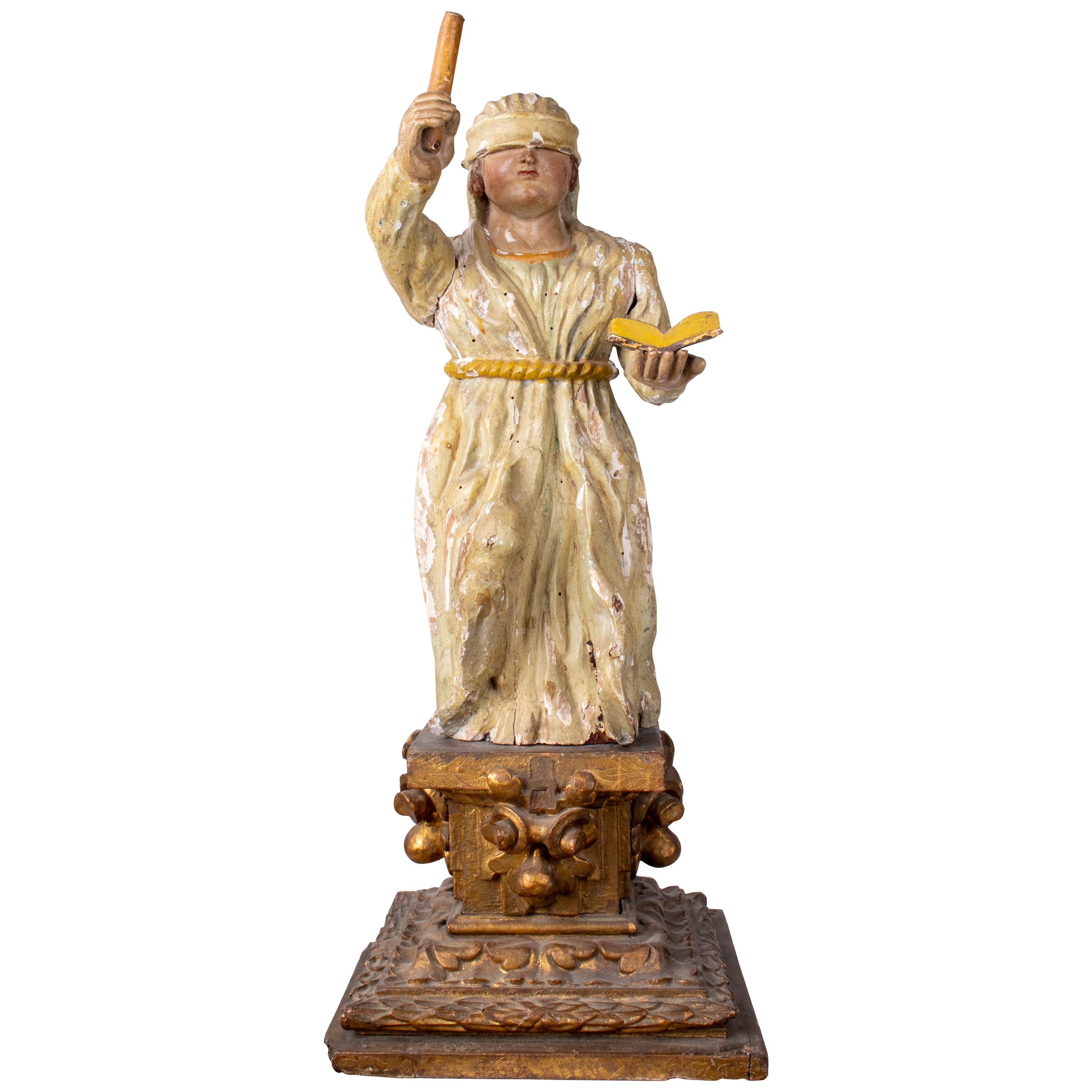 17th Century European Justitia Wooden Sculpture Standing on Gold Gilded Pedestal For Sale