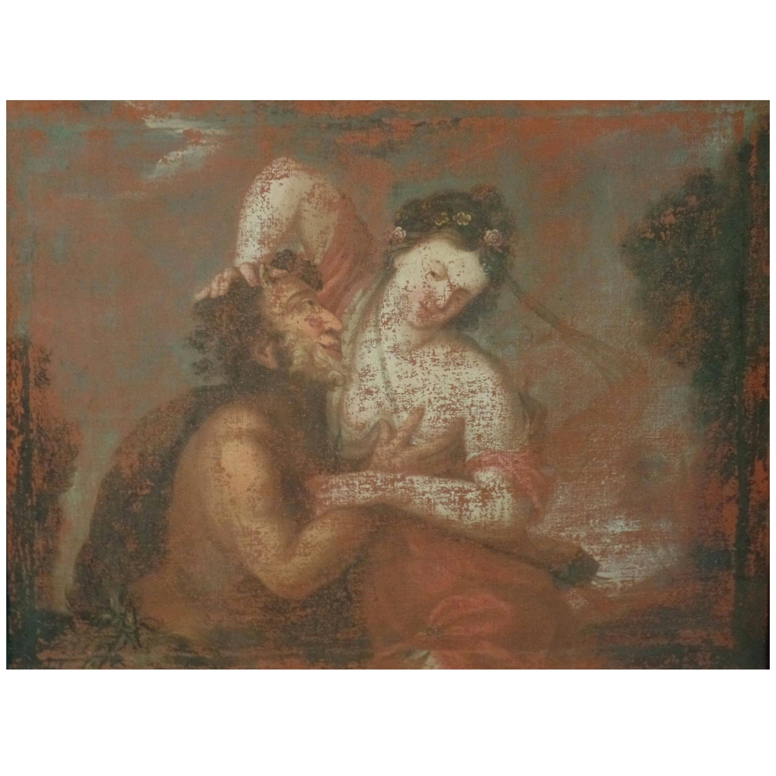 17th Century European Painting, Struggle between Satyr, Pan and a Woman For Sale