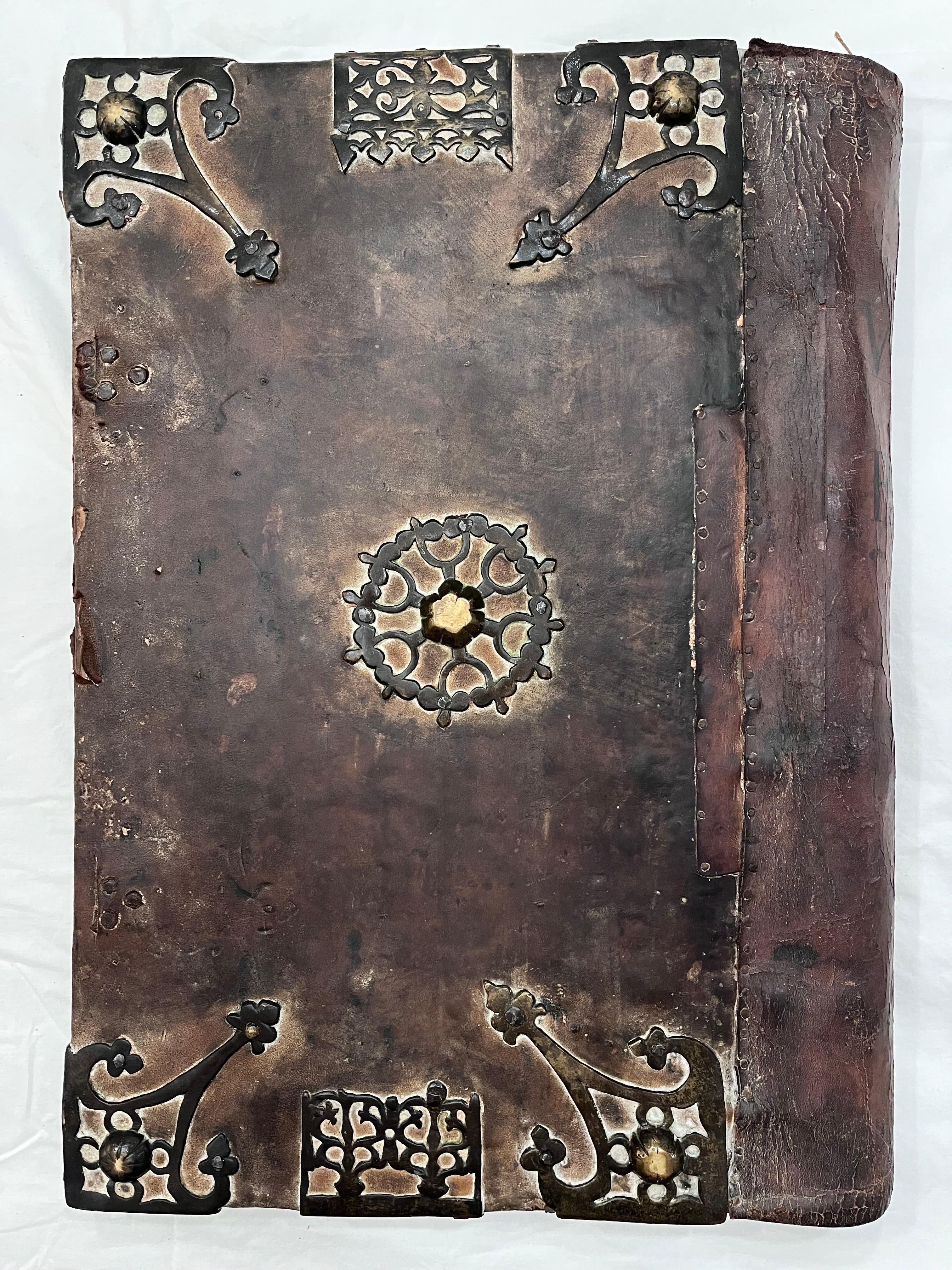 17th Century European Religious Book Binding Brass Mounts Vellum Monumental Size For Sale 5