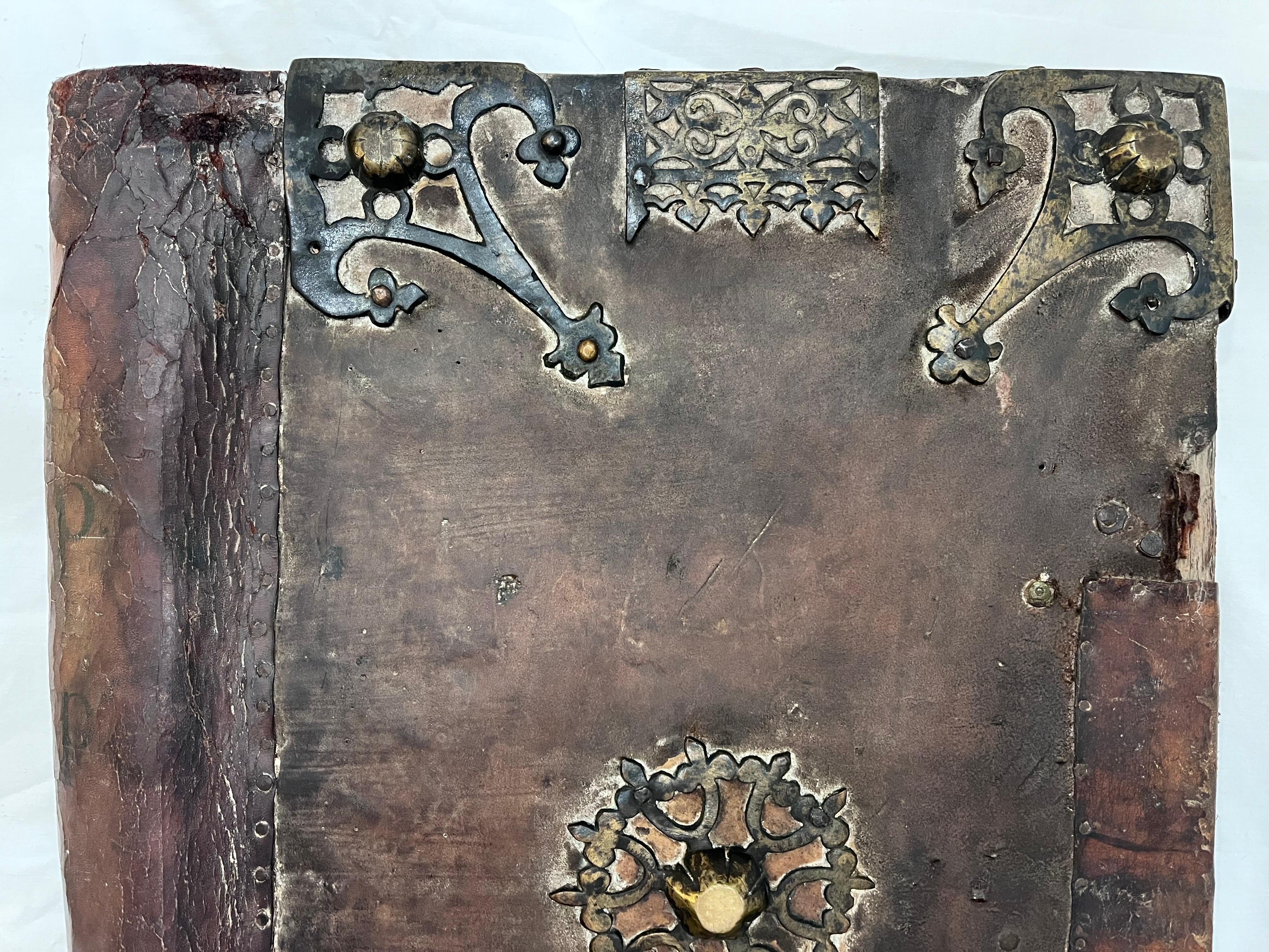 17th Century European Religious Book Binding Brass Mounts Vellum Monumental Size For Sale 12