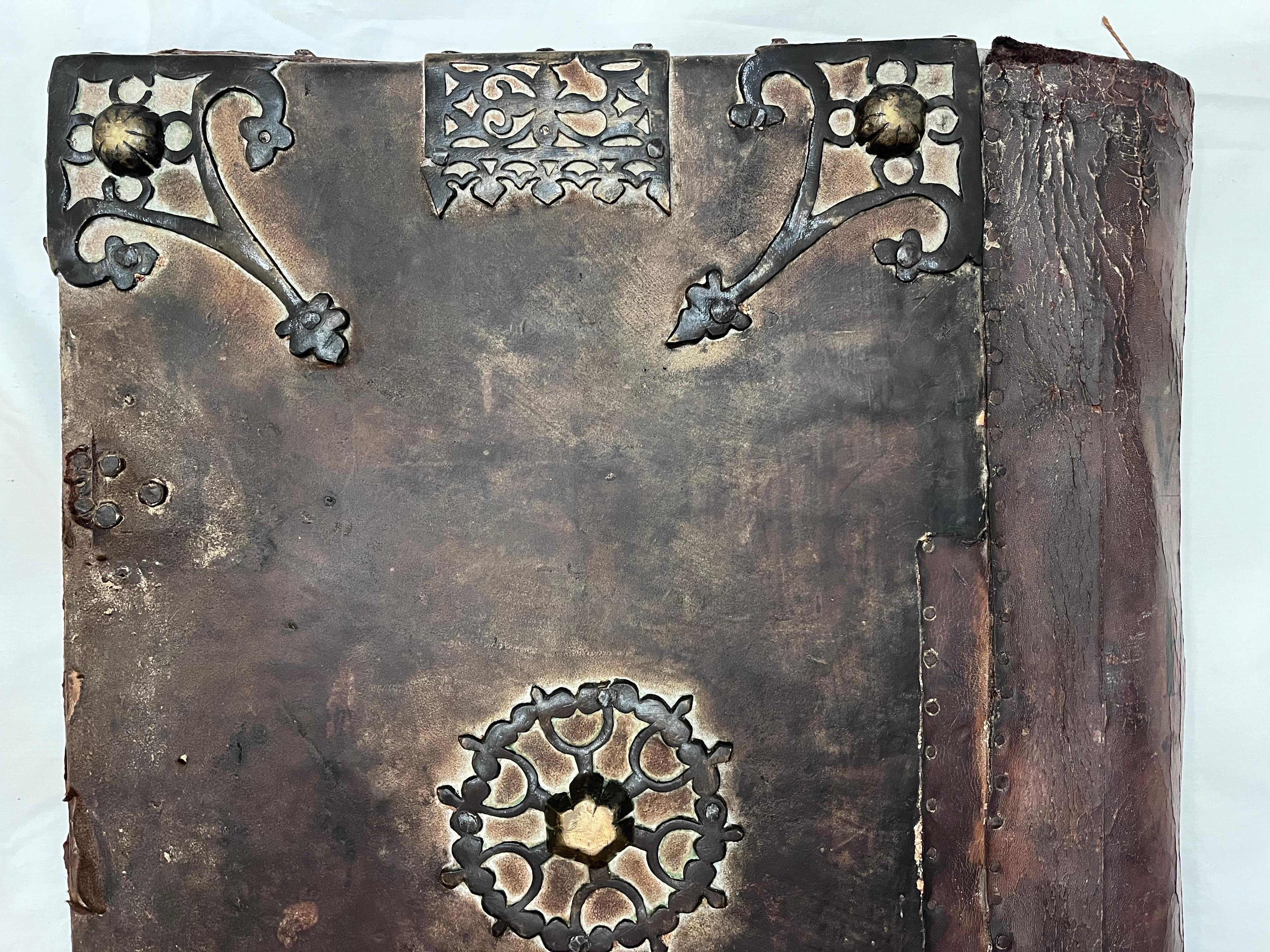 18th Century and Earlier 17th Century European Religious Book Binding Brass Mounts Vellum Monumental Size For Sale