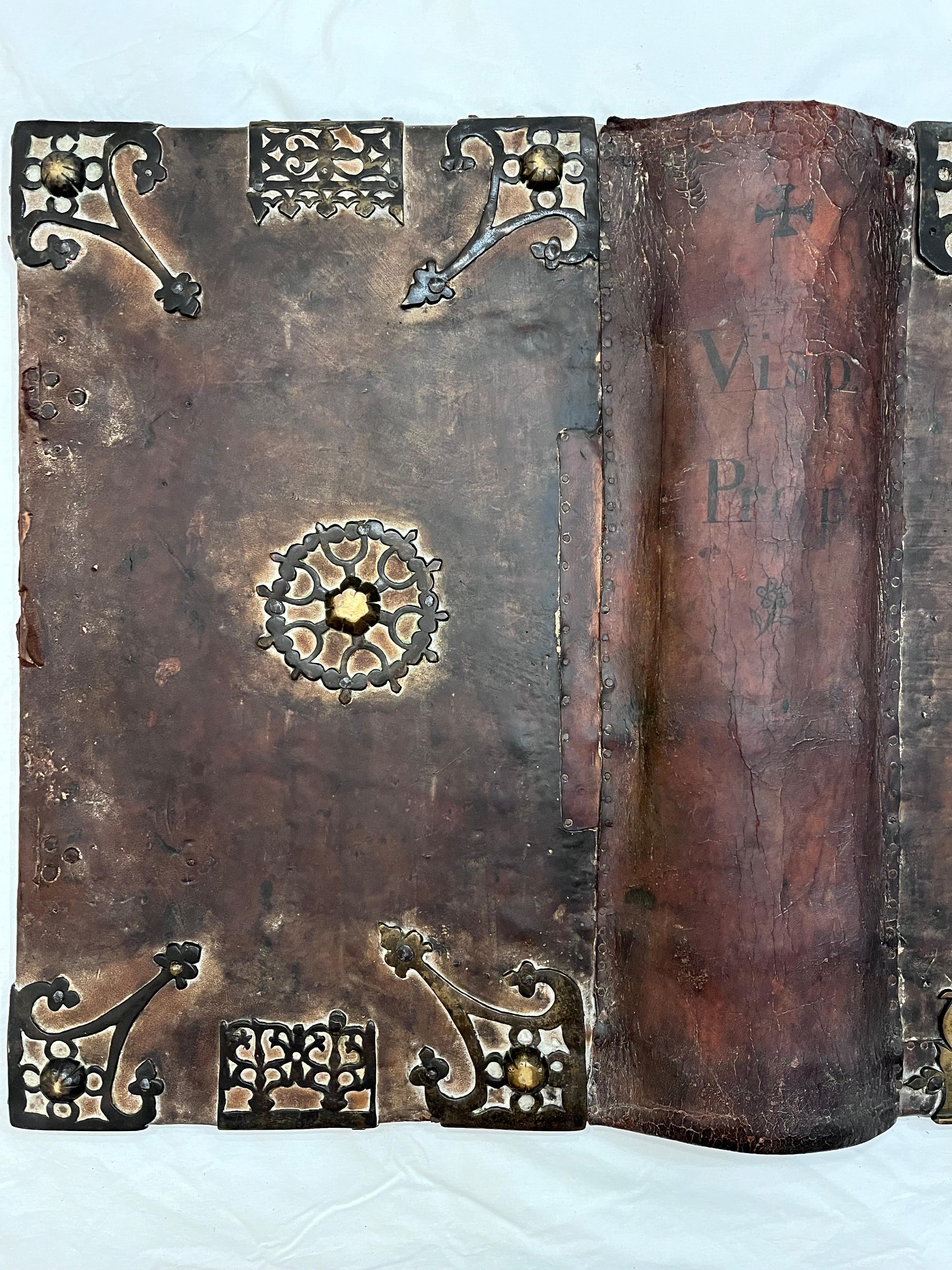 17th Century European Religious Book Binding Brass Mounts Vellum Monumental Size For Sale 1