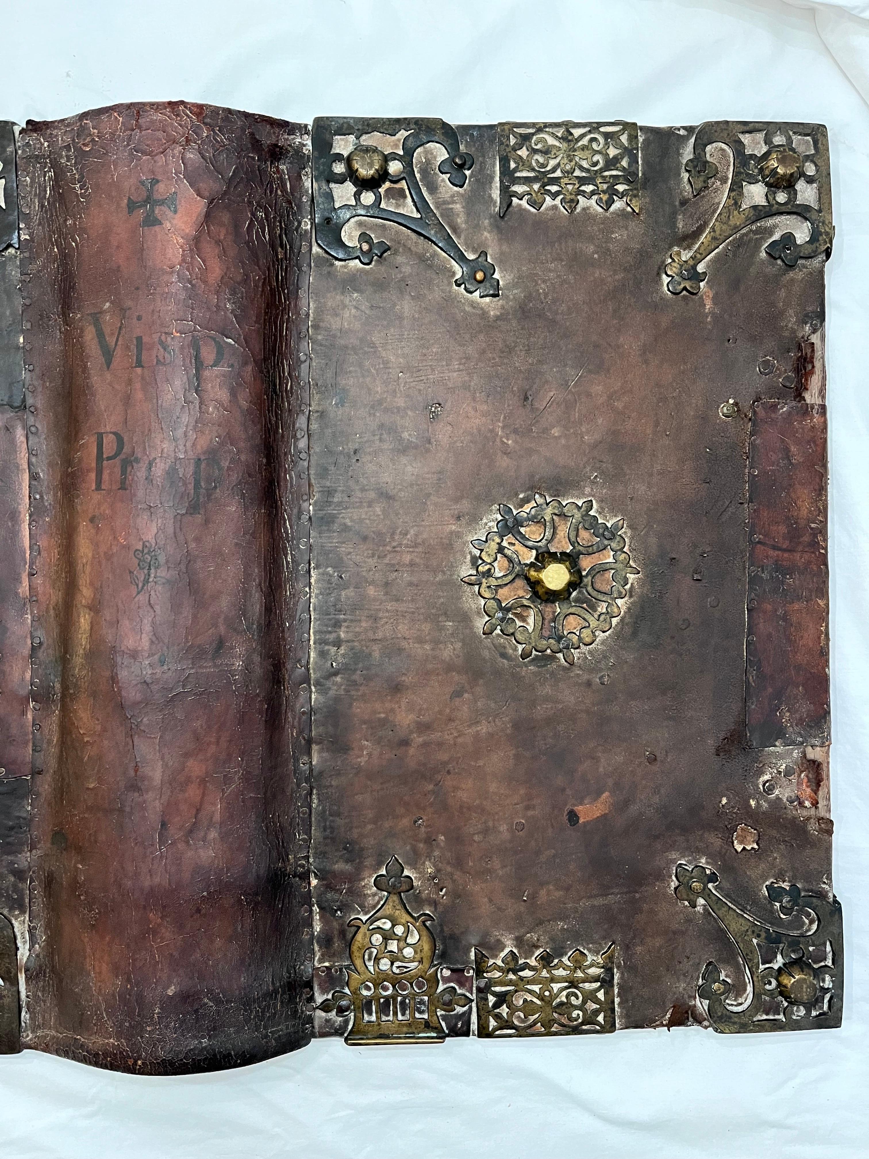 17th Century European Religious Book Binding Brass Mounts Vellum Monumental Size For Sale 2