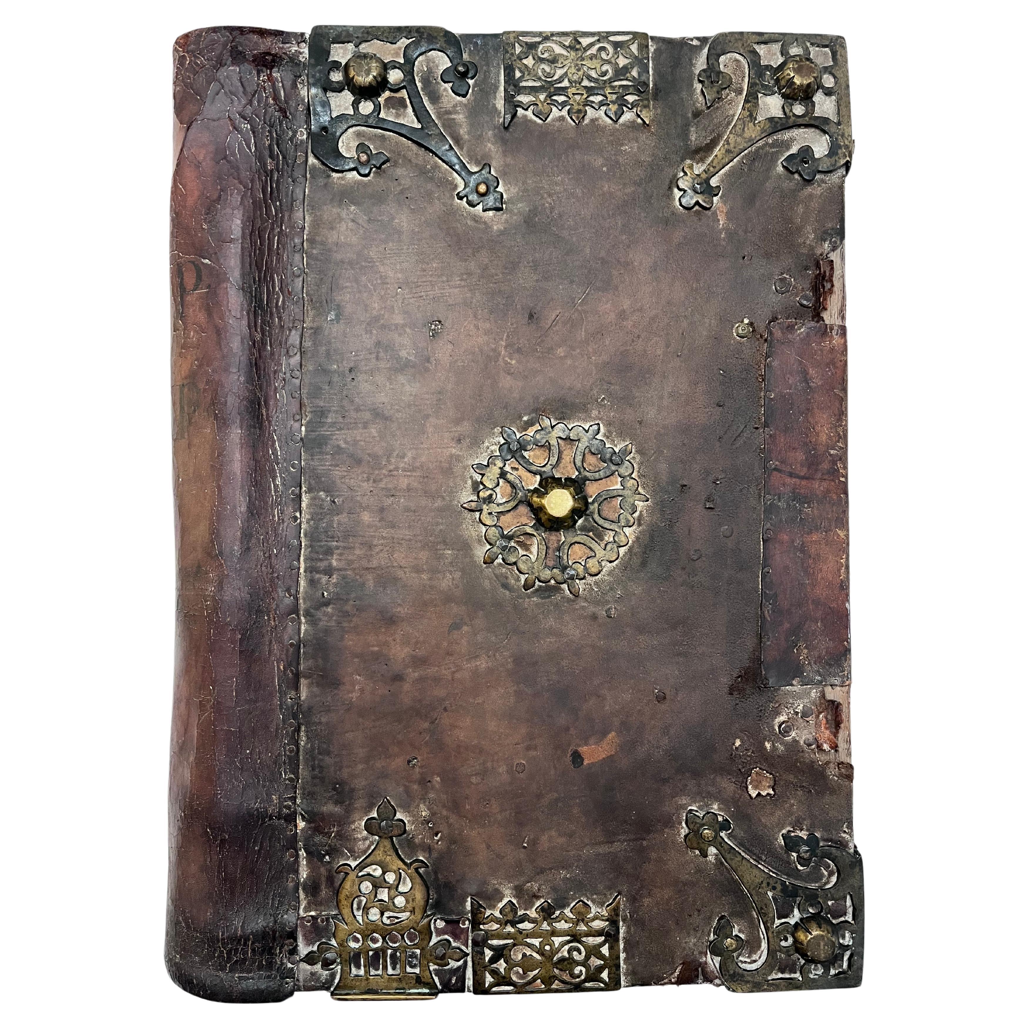 17th Century European Religious Book Binding Brass Mounts Vellum Monumental Size For Sale
