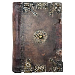 Antique 17th Century European Religious Book Binding Brass Mounts Vellum Monumental Size