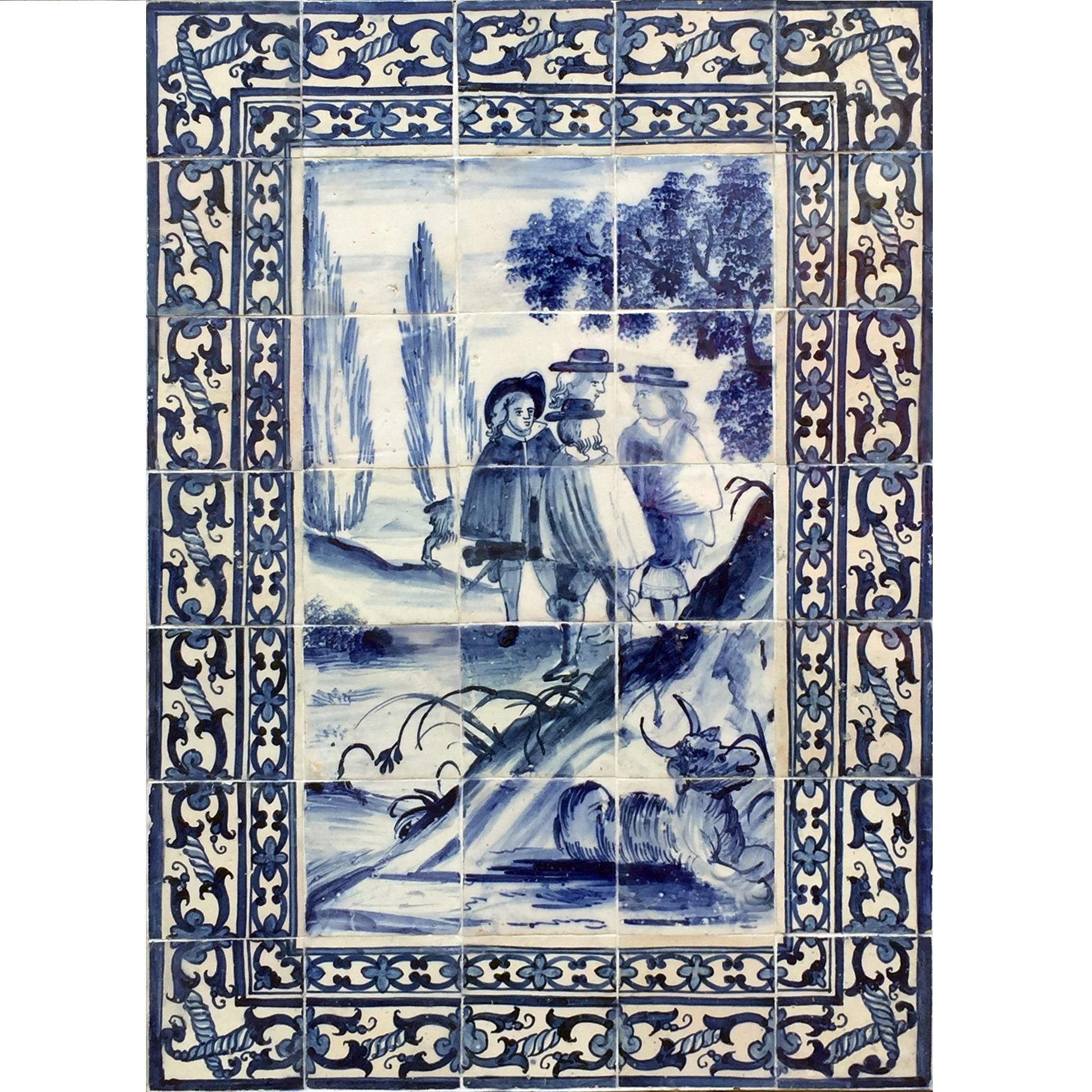 17th Century Figurative tile panel, Portuguese blue on white For Sale