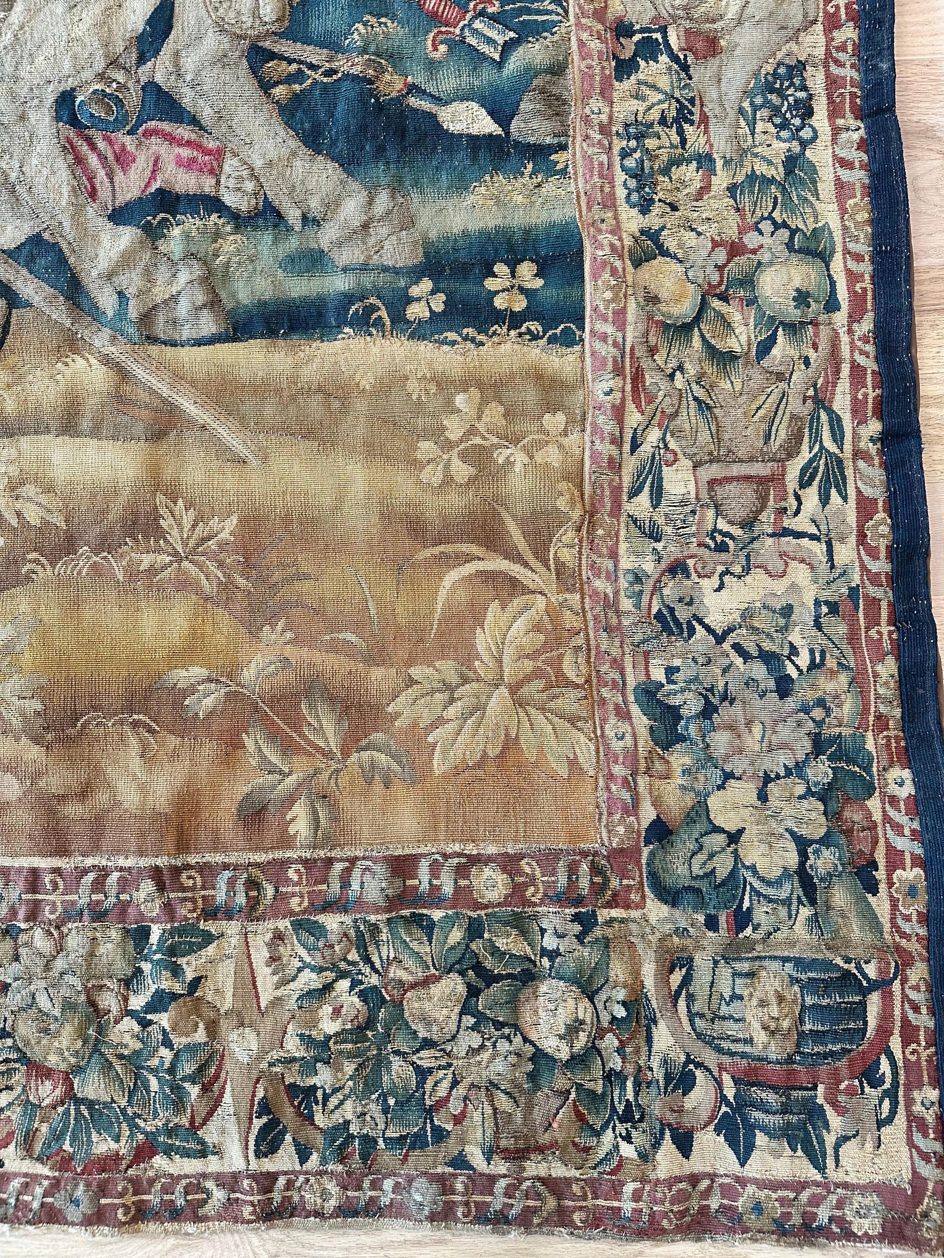 Tapisserie bruxelloise du 17ème siècle, laine de soie, vert, bleu, rouge, scène de bataille en vente 11