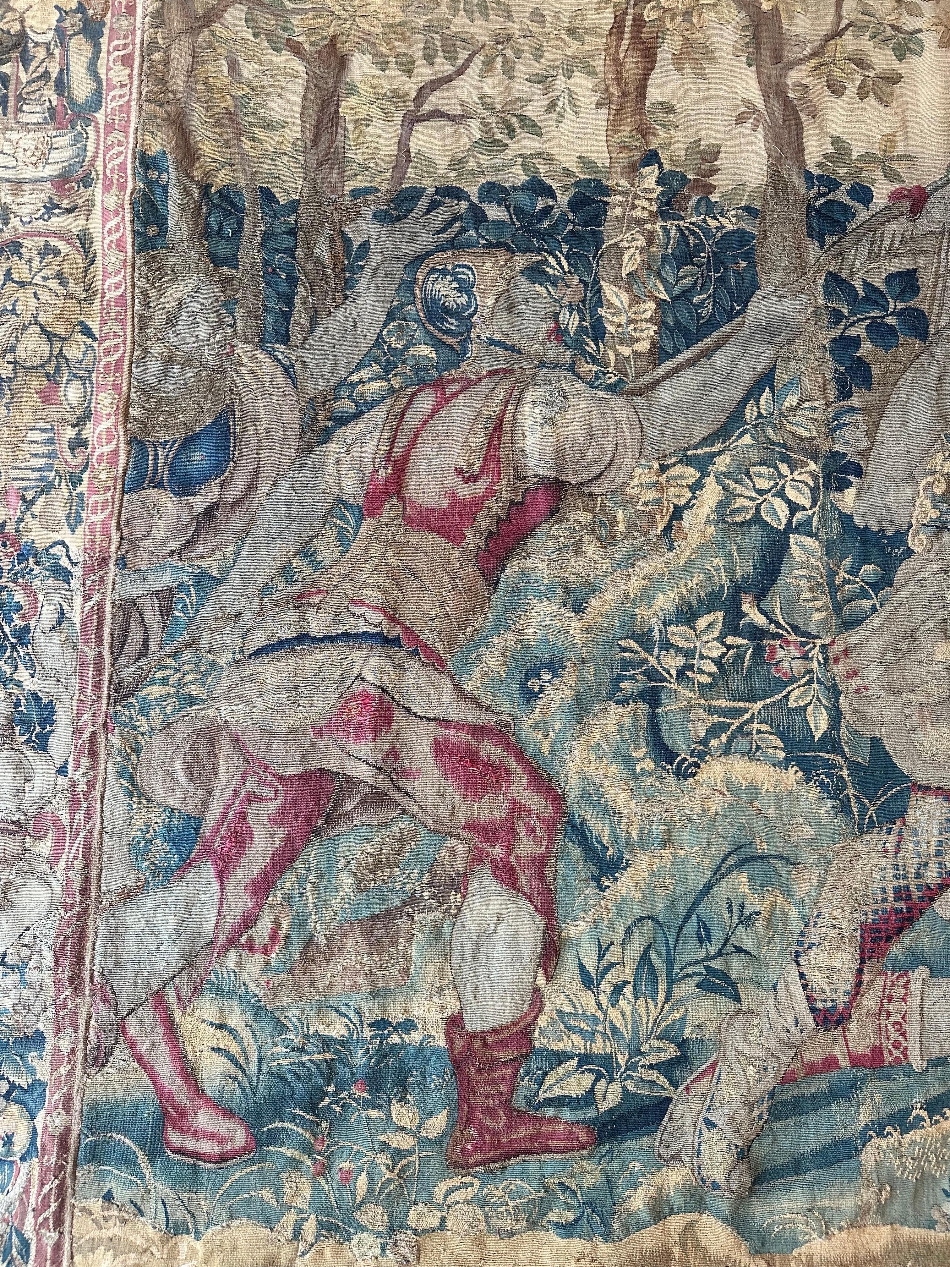 Tapisserie bruxelloise du 17ème siècle, laine de soie, vert, bleu, rouge, scène de bataille en vente 12