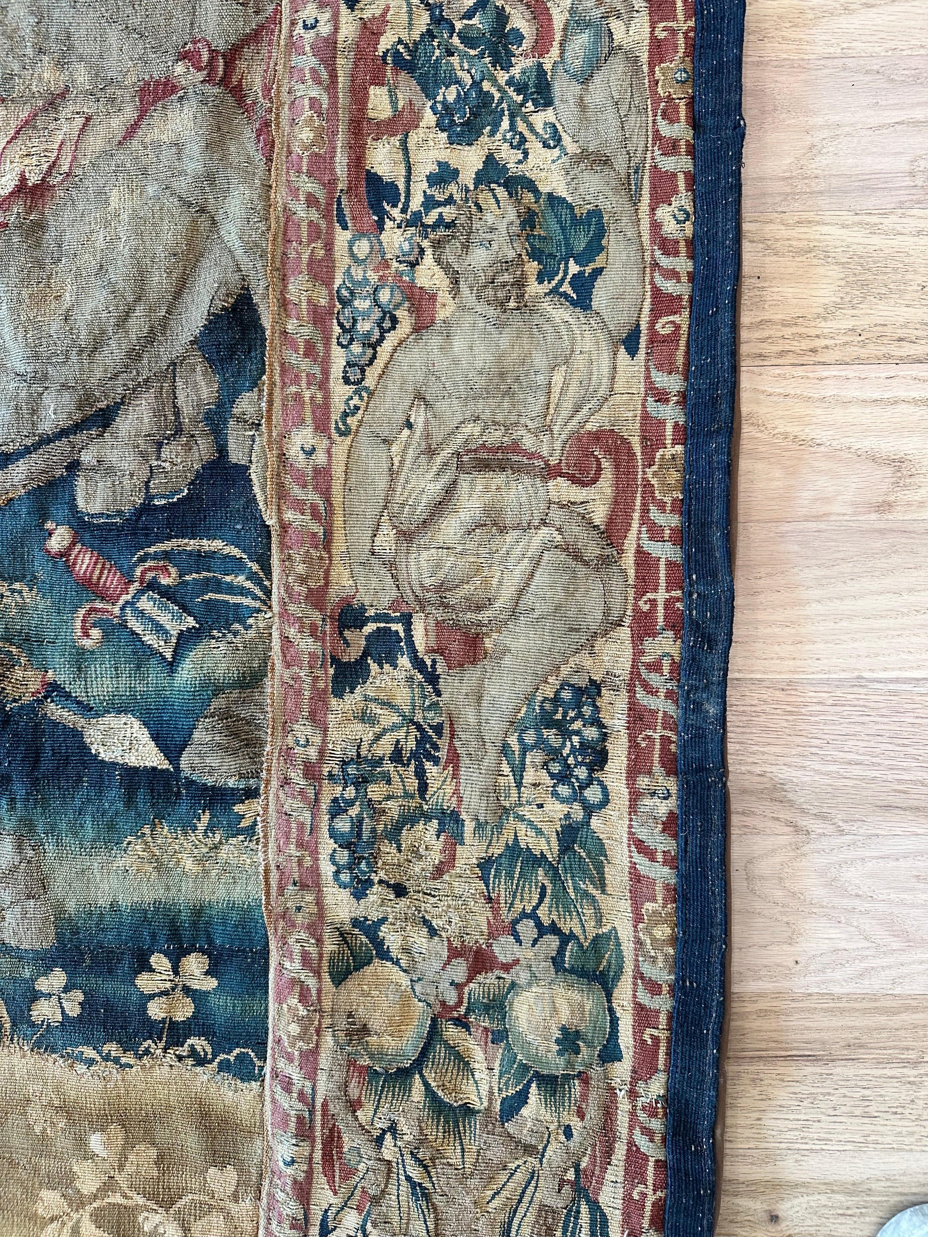 Tapisserie bruxelloise du 17ème siècle, laine de soie, vert, bleu, rouge, scène de bataille en vente 13