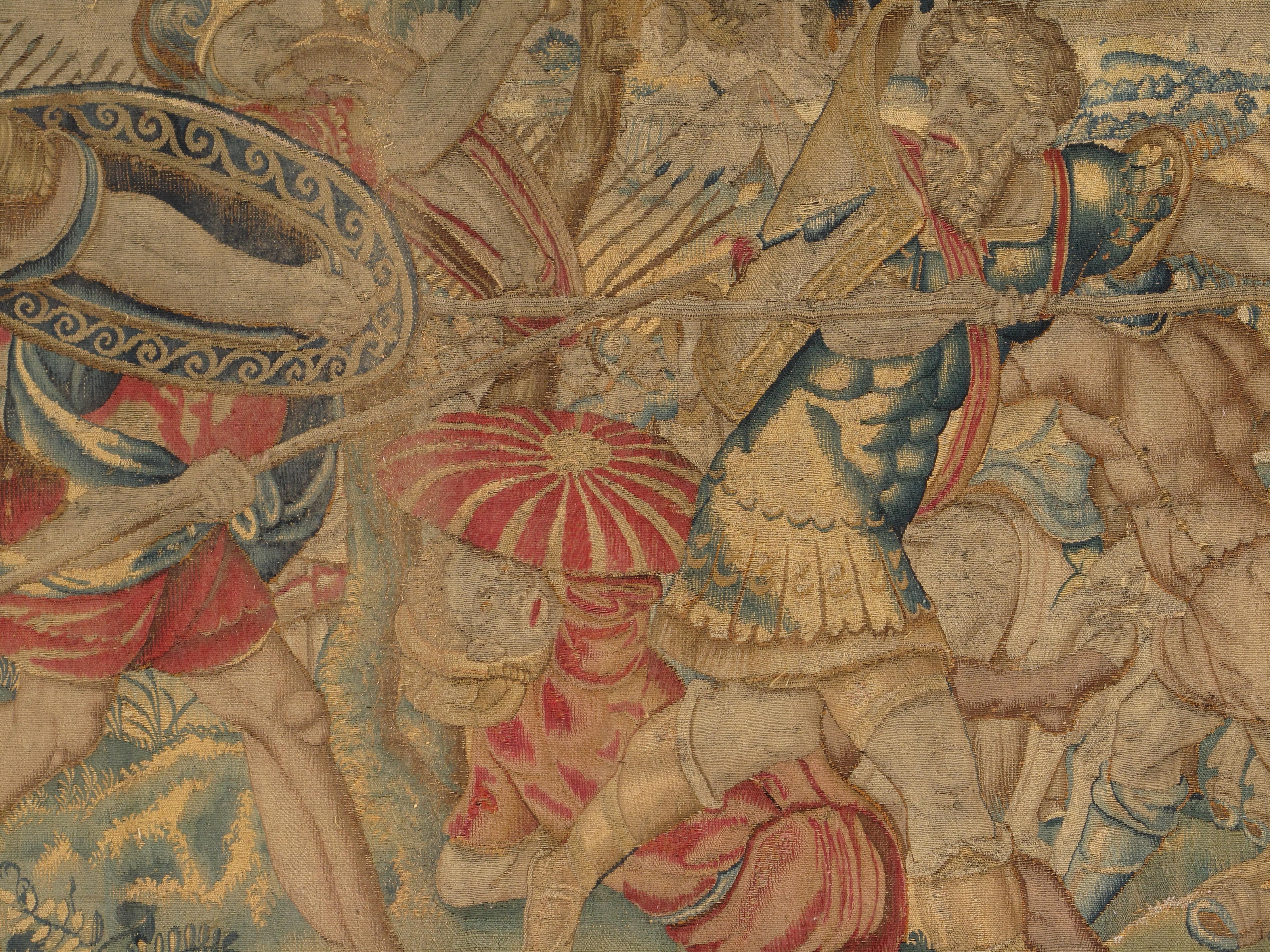 Noué à la main Tapisserie bruxelloise du 17ème siècle, laine de soie, vert, bleu, rouge, scène de bataille en vente