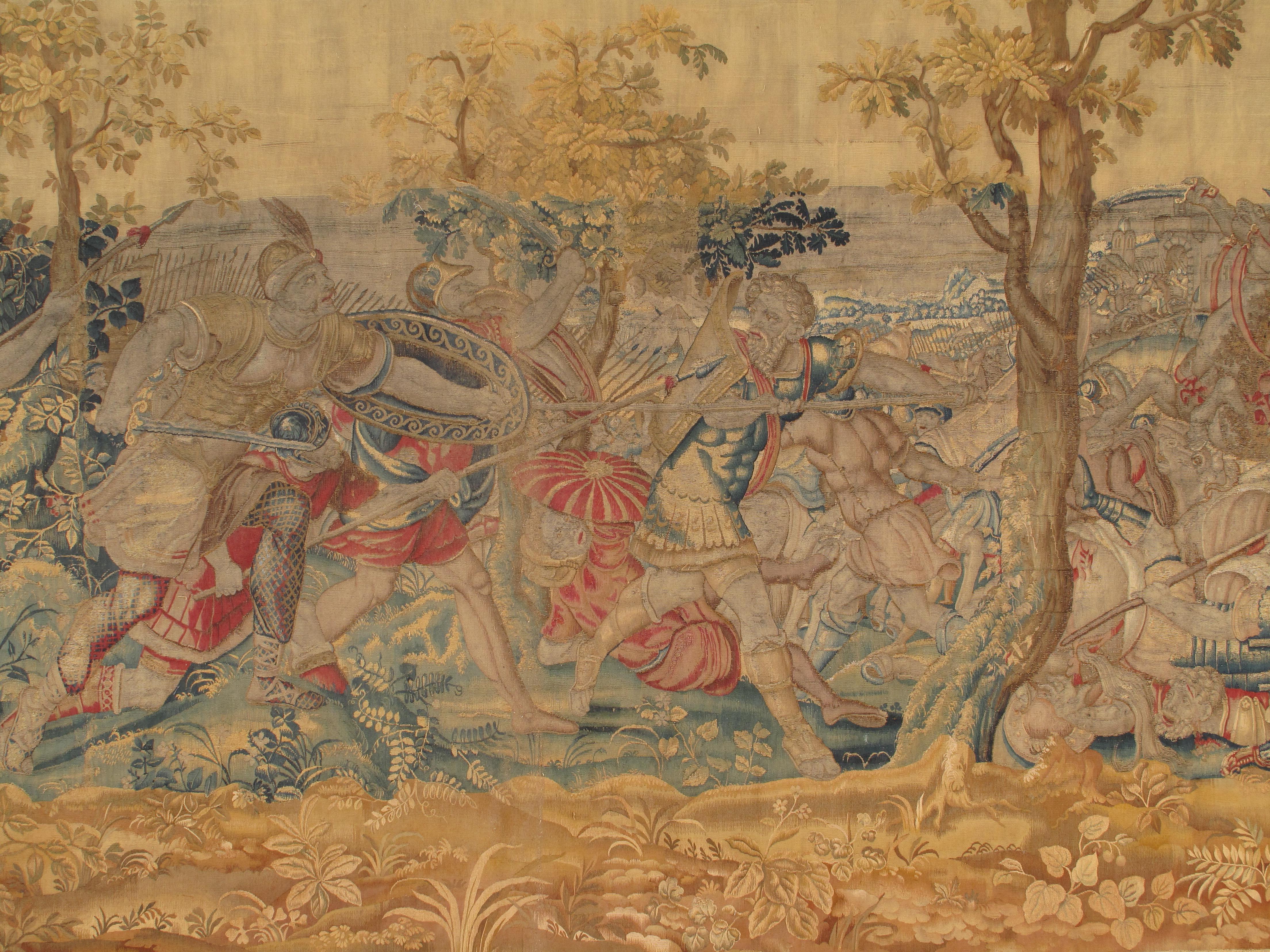 Laine Tapisserie bruxelloise du 17ème siècle, laine de soie, vert, bleu, rouge, scène de bataille en vente