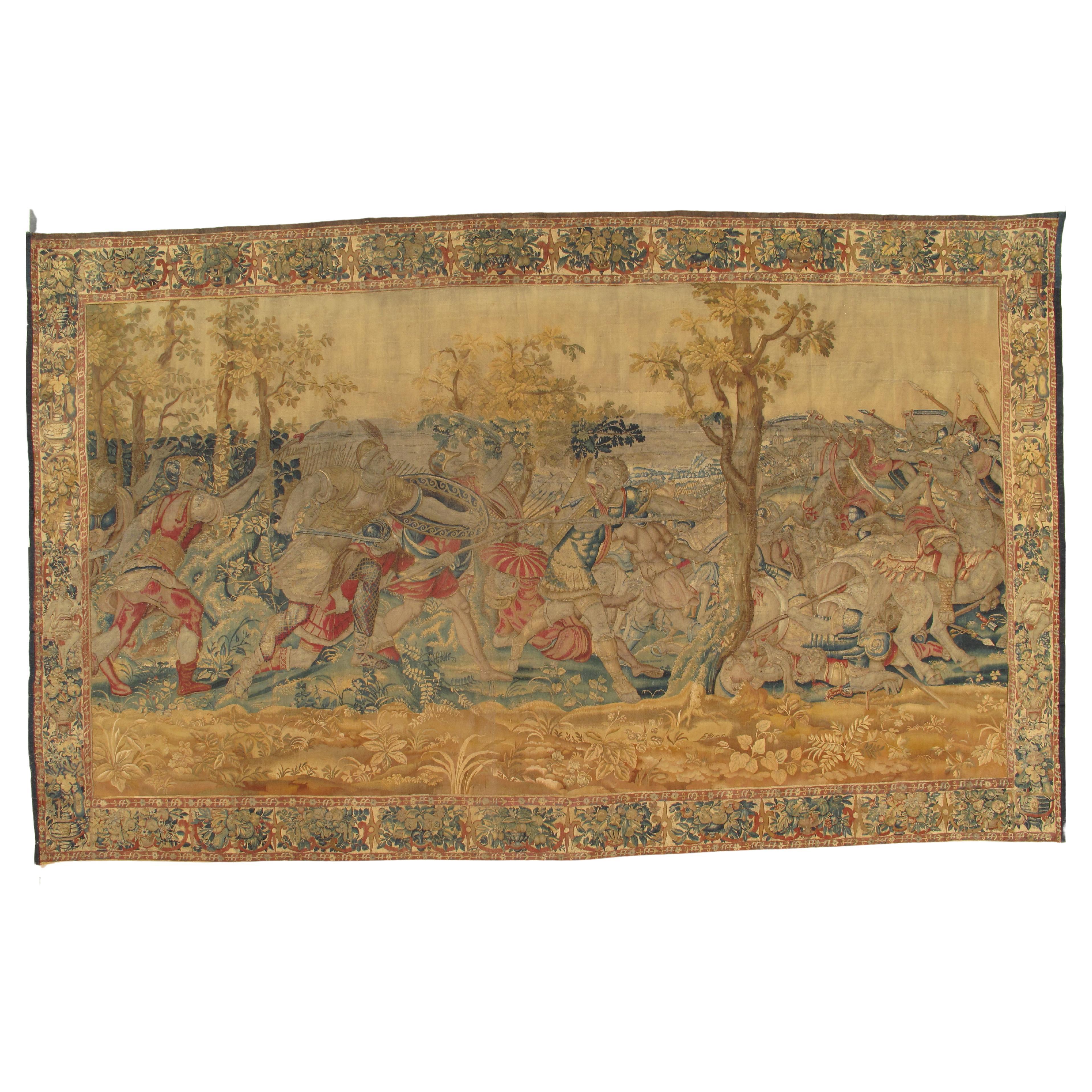Tapisserie bruxelloise du 17ème siècle, laine de soie, vert, bleu, rouge, scène de bataille