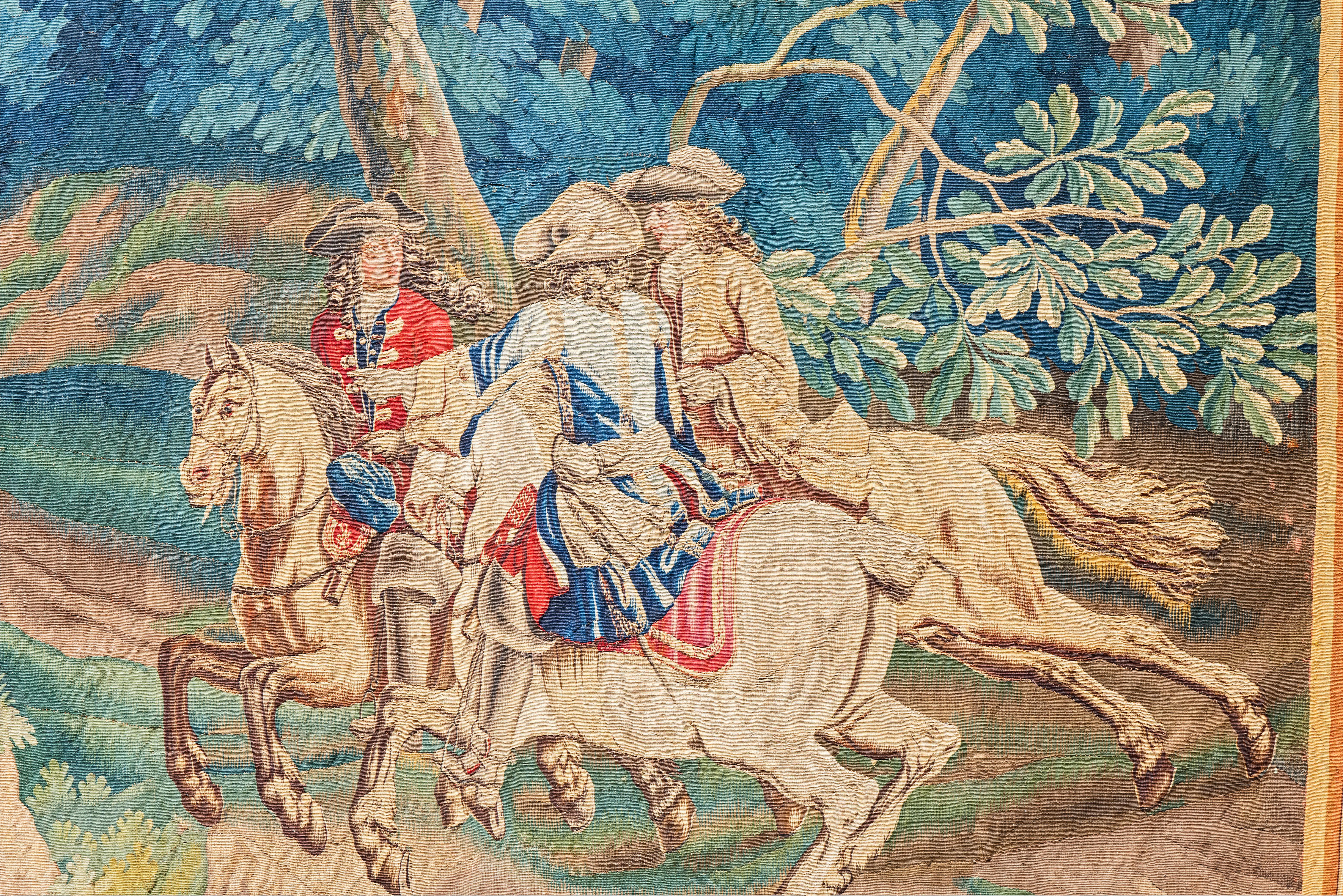 17th Century Fine Flemish Tapestry, Silk & Wool, Green, Blue, Red, Battle Scene For Sale 4