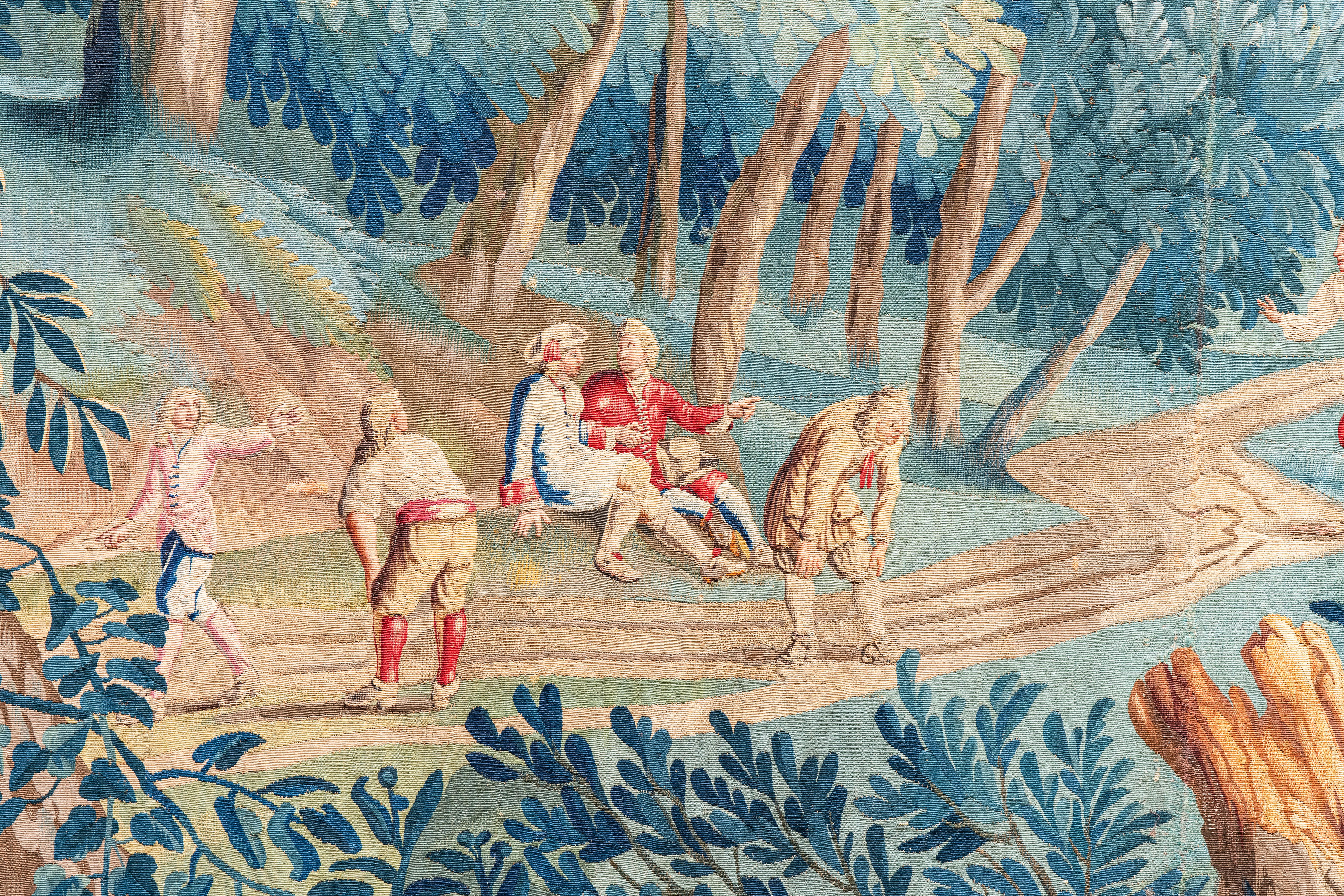 17th Century Fine Flemish Tapestry, Silk & Wool, Green, Blue, Red, Battle Scene For Sale 5