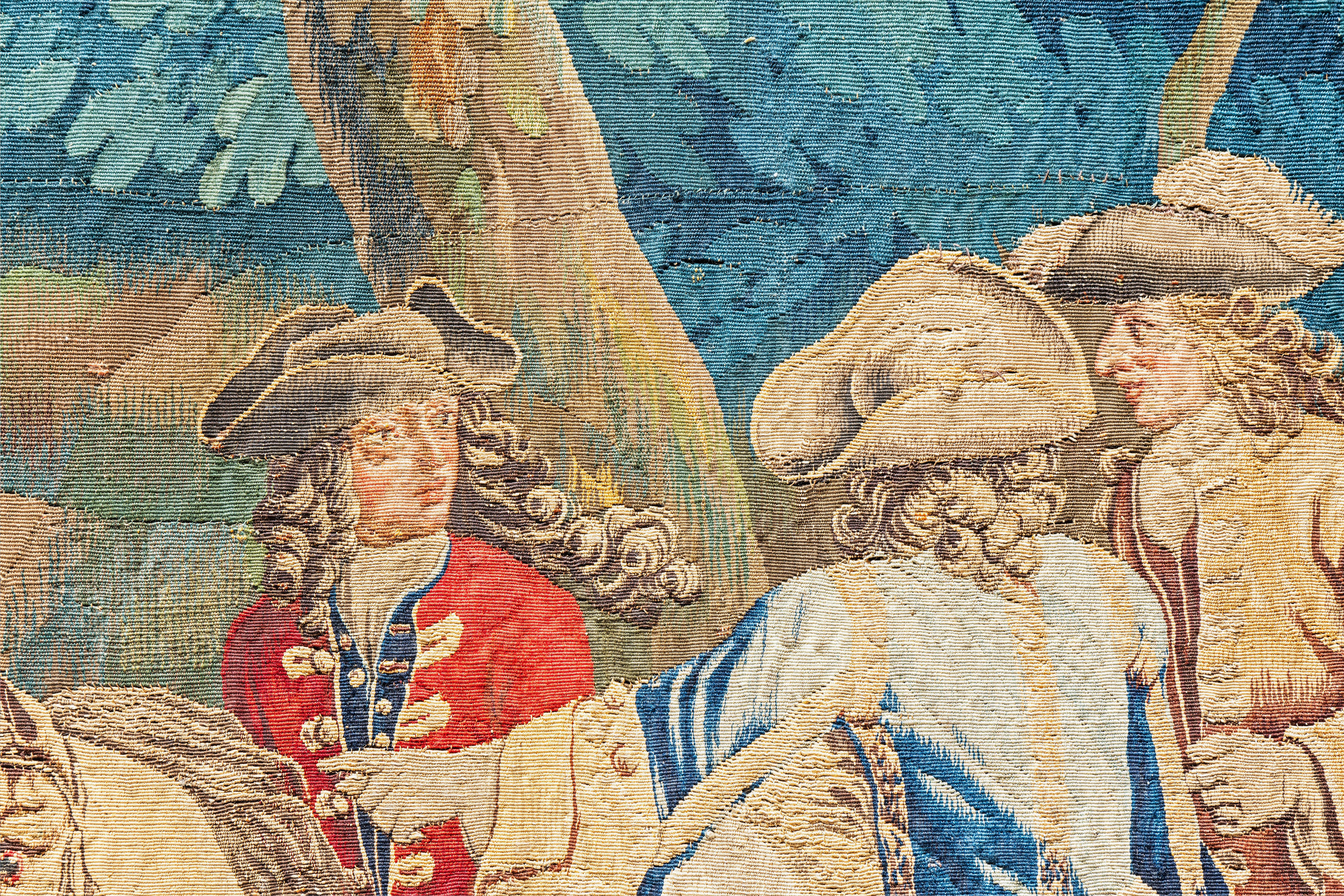17th Century Fine Flemish Tapestry, Silk & Wool, Green, Blue, Red, Battle Scene For Sale 7